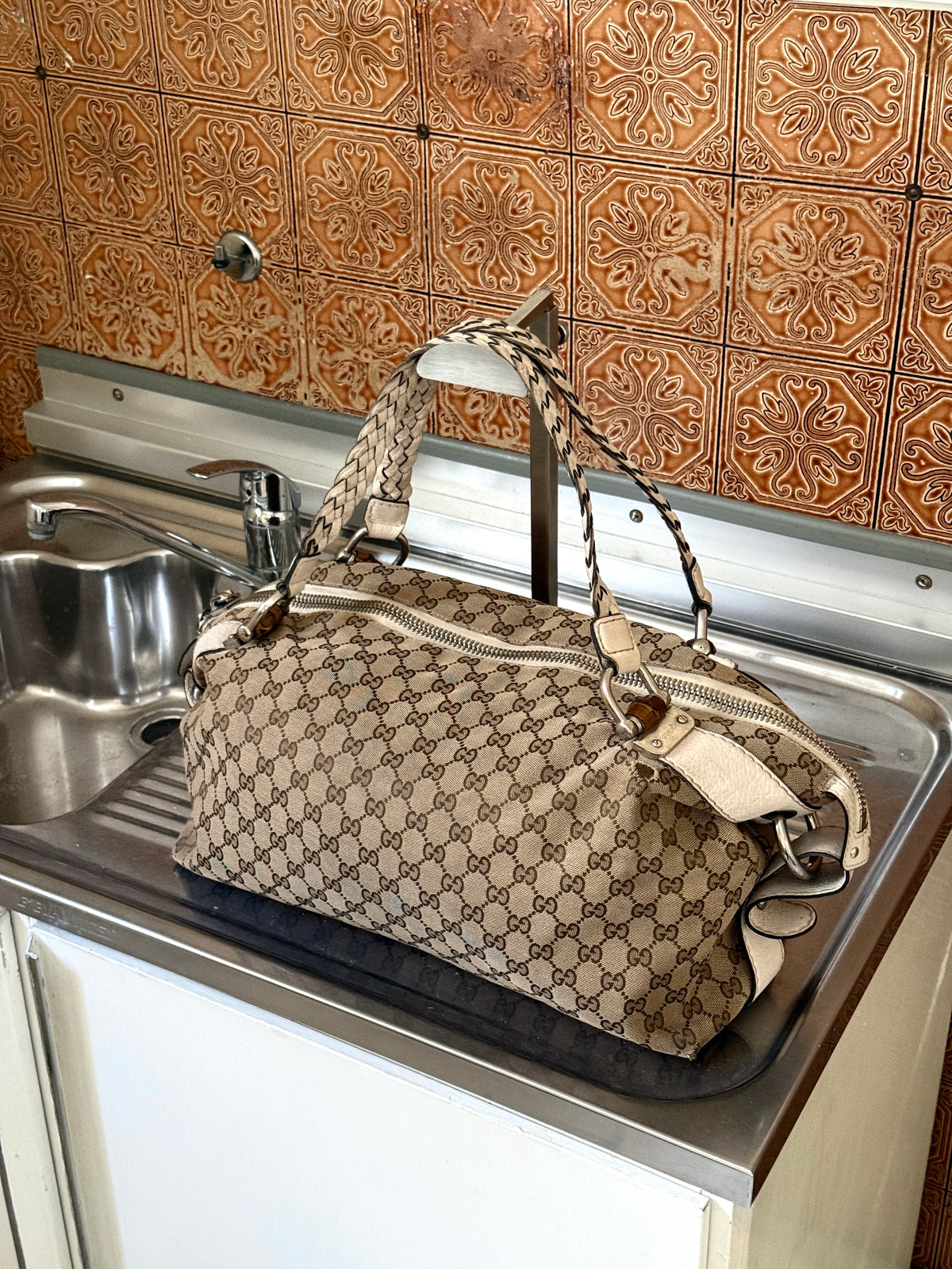 Gucci GG Bamboo Bar Medium Monogram White Shoulder Bag