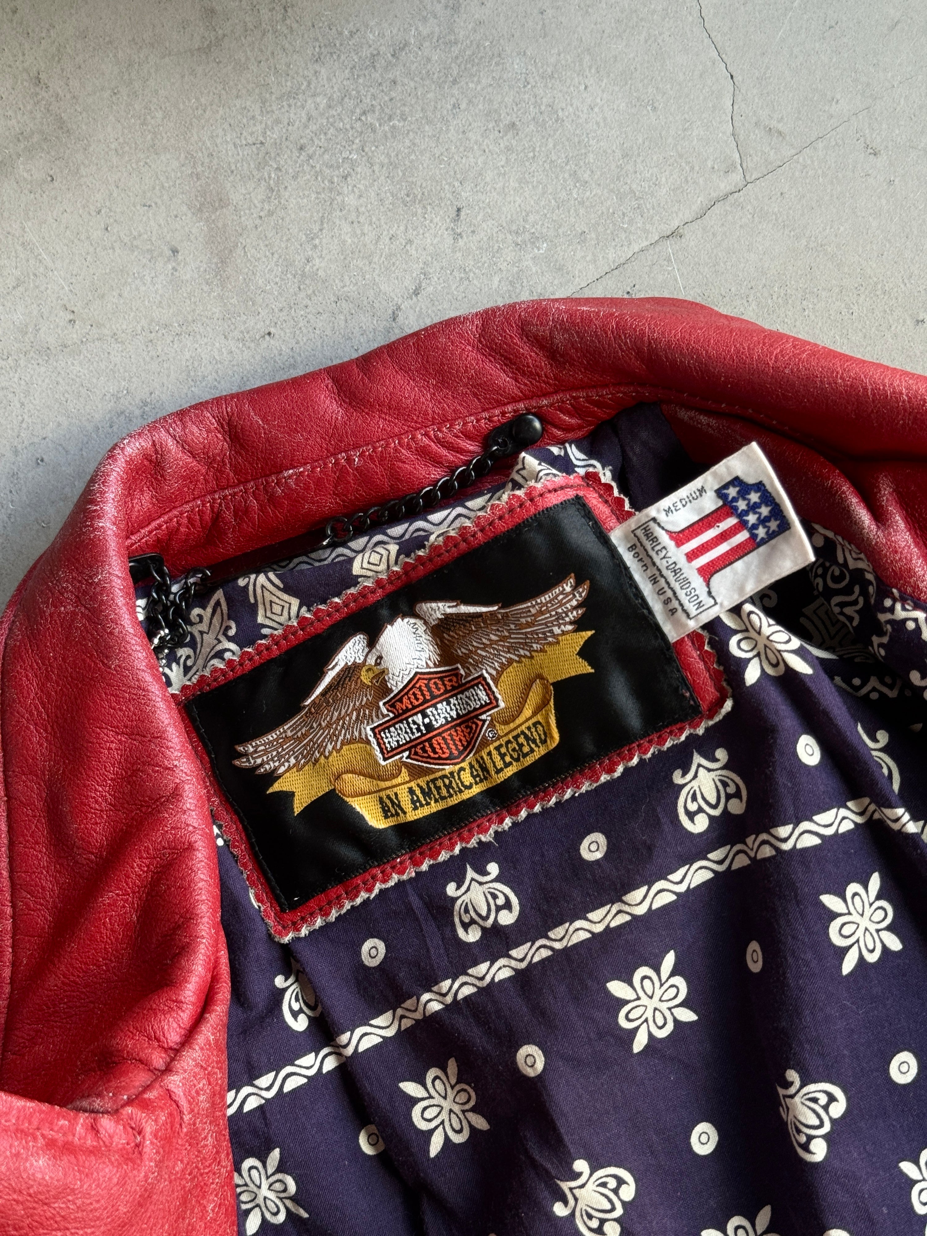 Vintage Bandana Lined Harley-Davidson Biker Leather Jacket Red - M