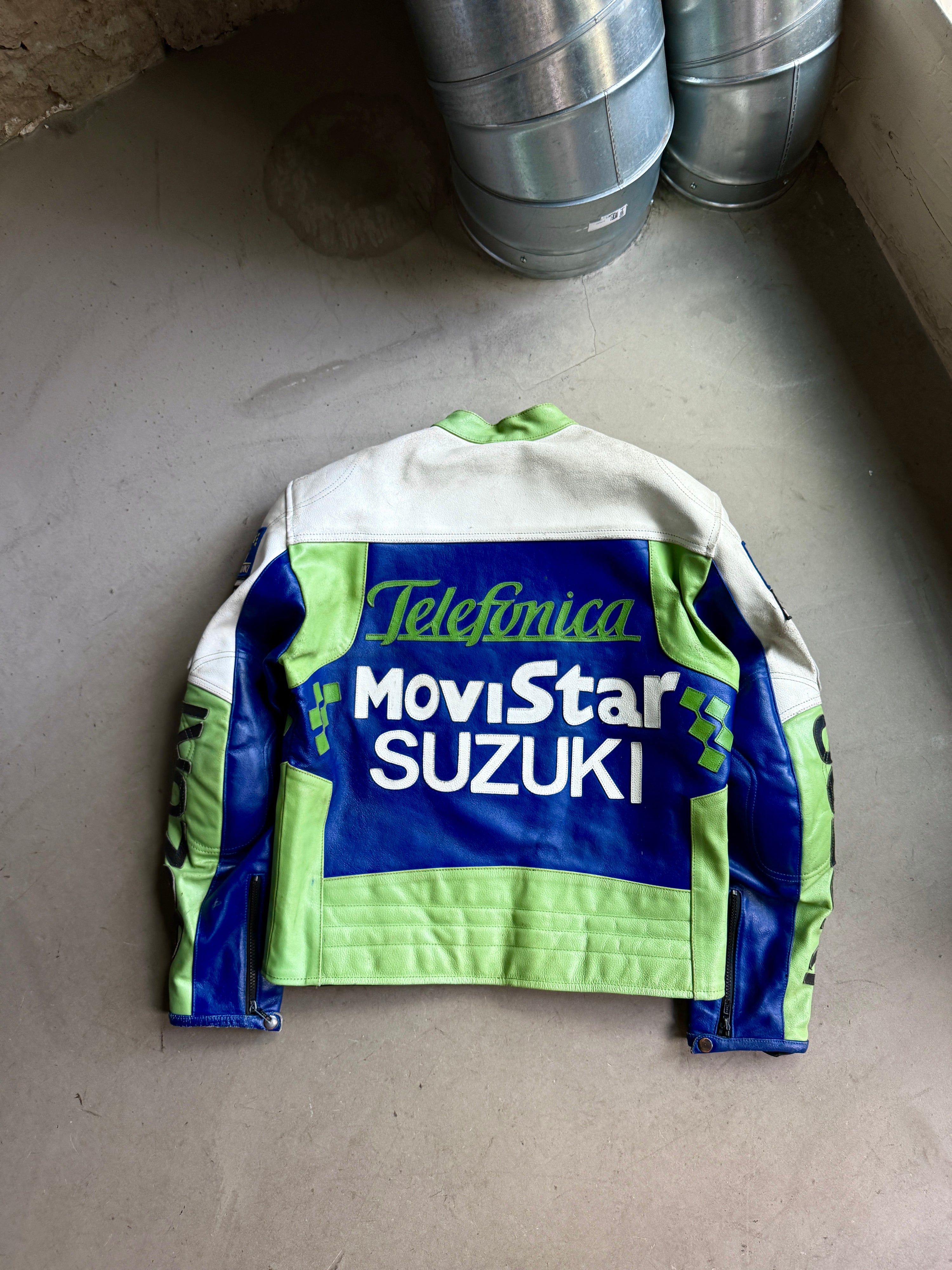 Vintage Suzuki Movi Star Racing Biker Leather Jacket Green / Blue - M