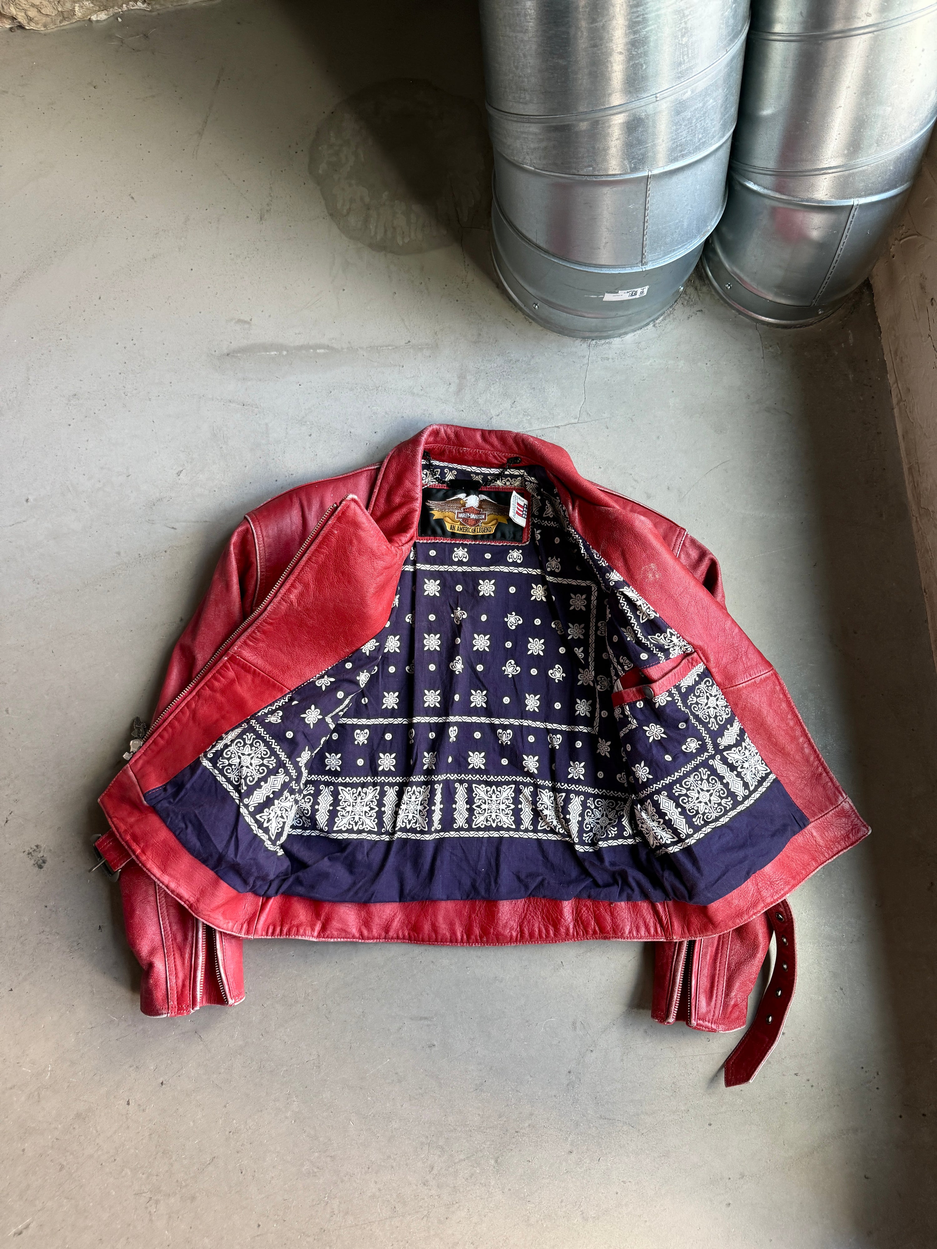 Vintage Bandana Lined Harley-Davidson Biker Leather Jacket Red - M
