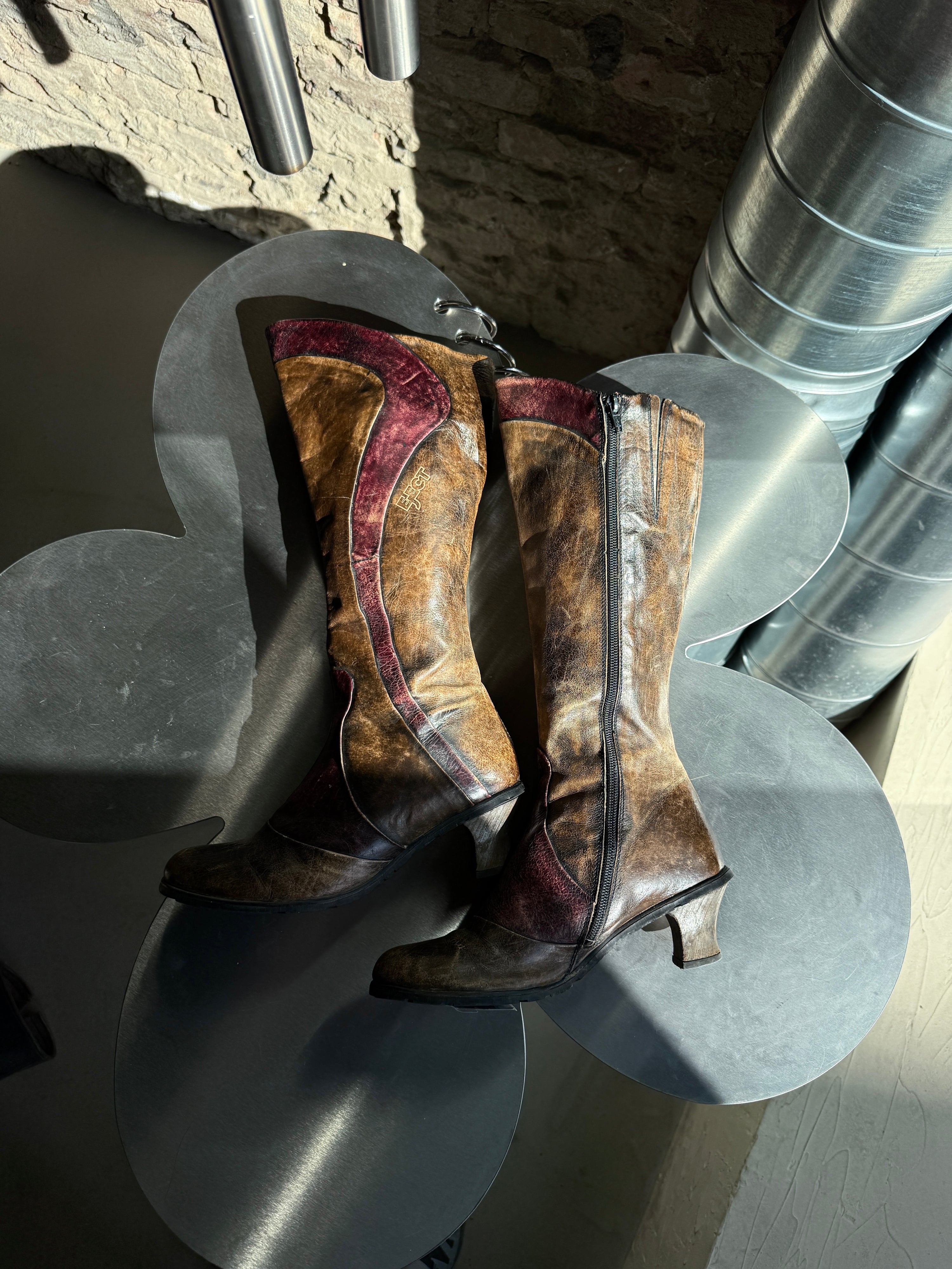 Vintage Eject Knee High Leather Boots Brown/Burgundy - EU 39