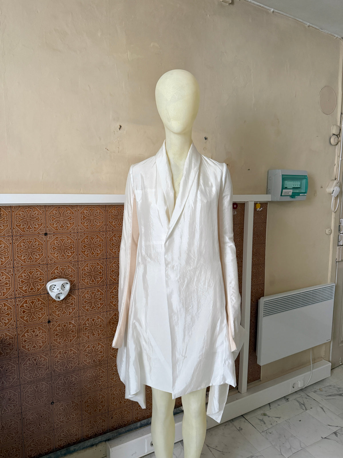2000s Rick Owens Silk Blend Asymetrical Drape Blazer Coat White - XS