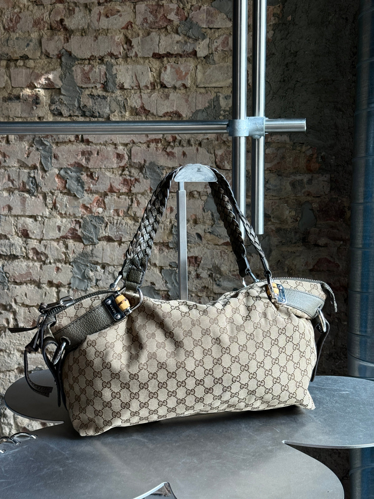 Vintage Gucci GG Bamboo Bar Large Shoulder Bag (Khaki Braided Strap)