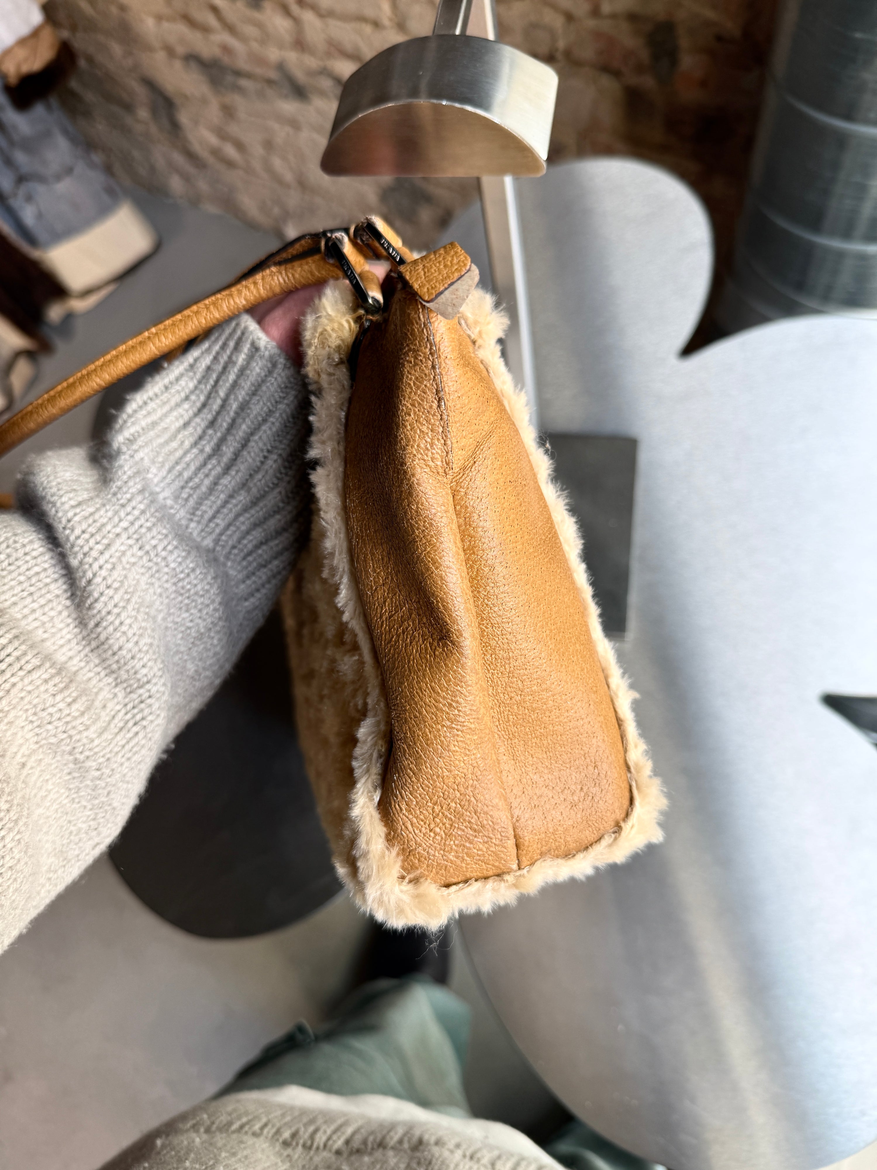 Vintage 2000s Prada Faux Fur Shearling Leather Shoulder Bag Beige