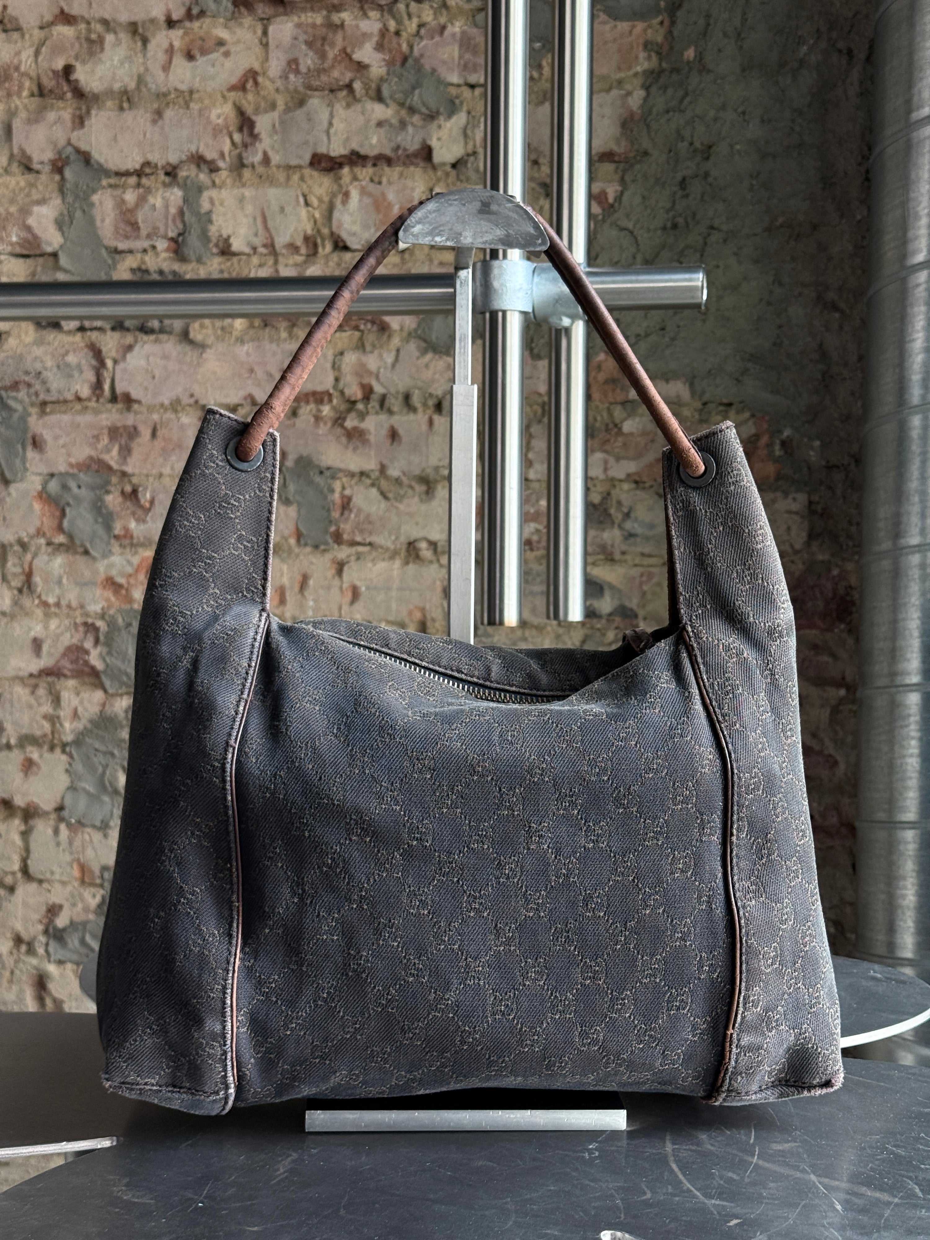 Vintage Gucci GG Cloth Hobo Bag Dark Brown