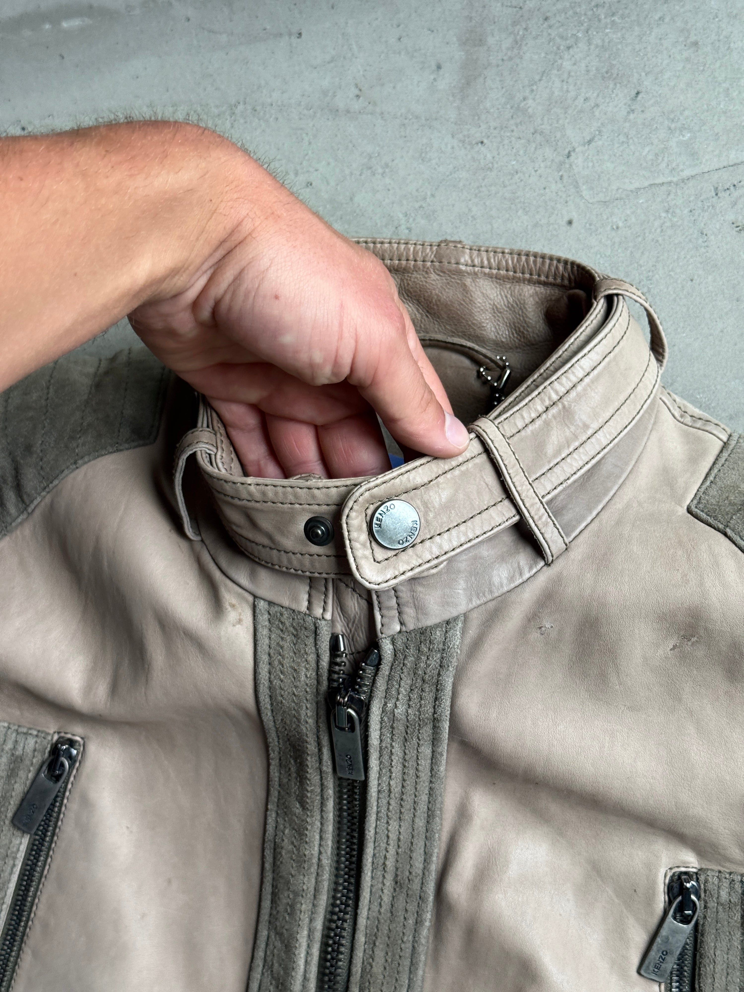 Vintage Kenzo Leather Biker Jacket Taupe / Khaki - L
