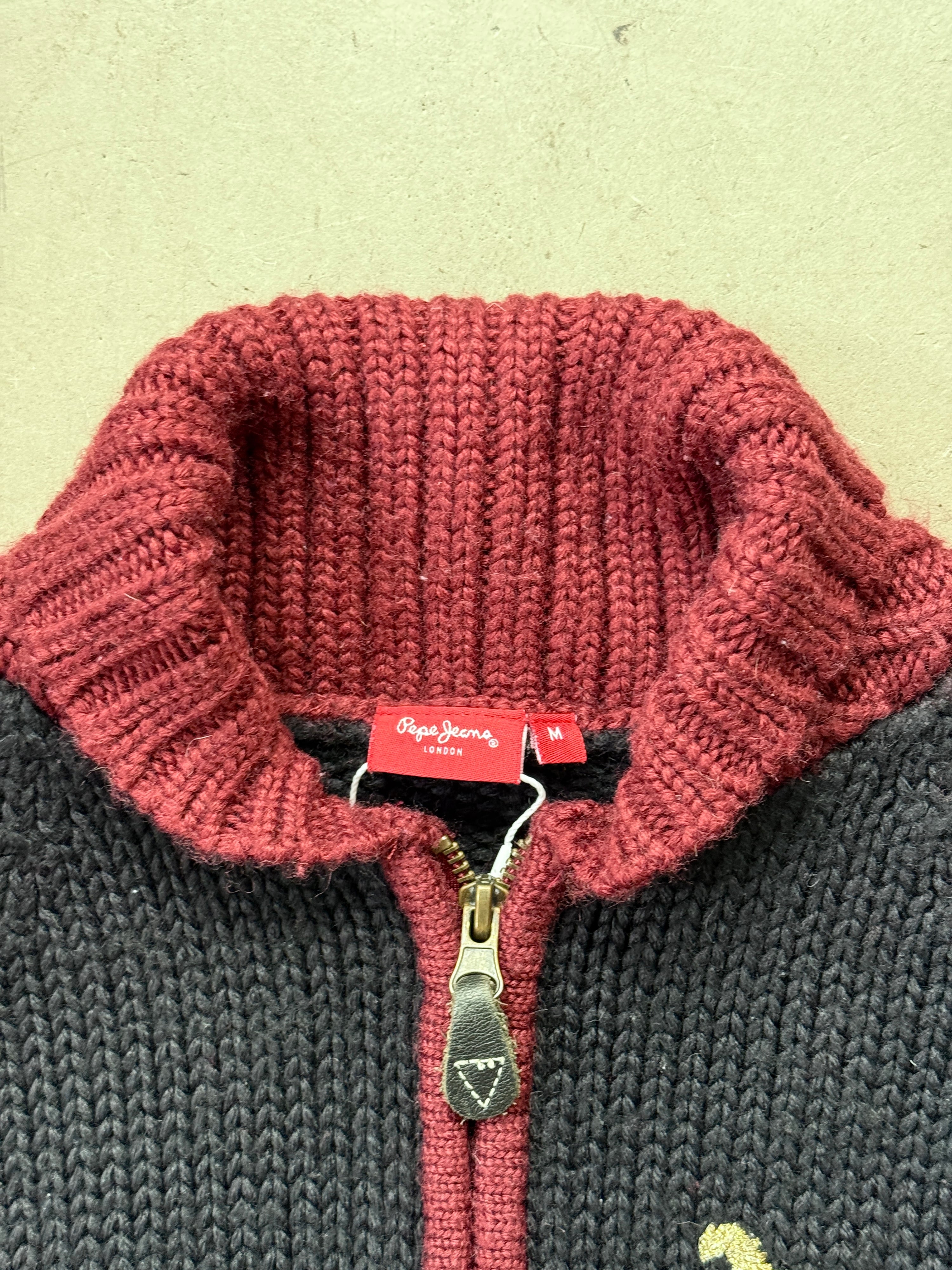 Vintage Pepe Jeans Knitted "Lions" Zip Up Red/Navy - S
