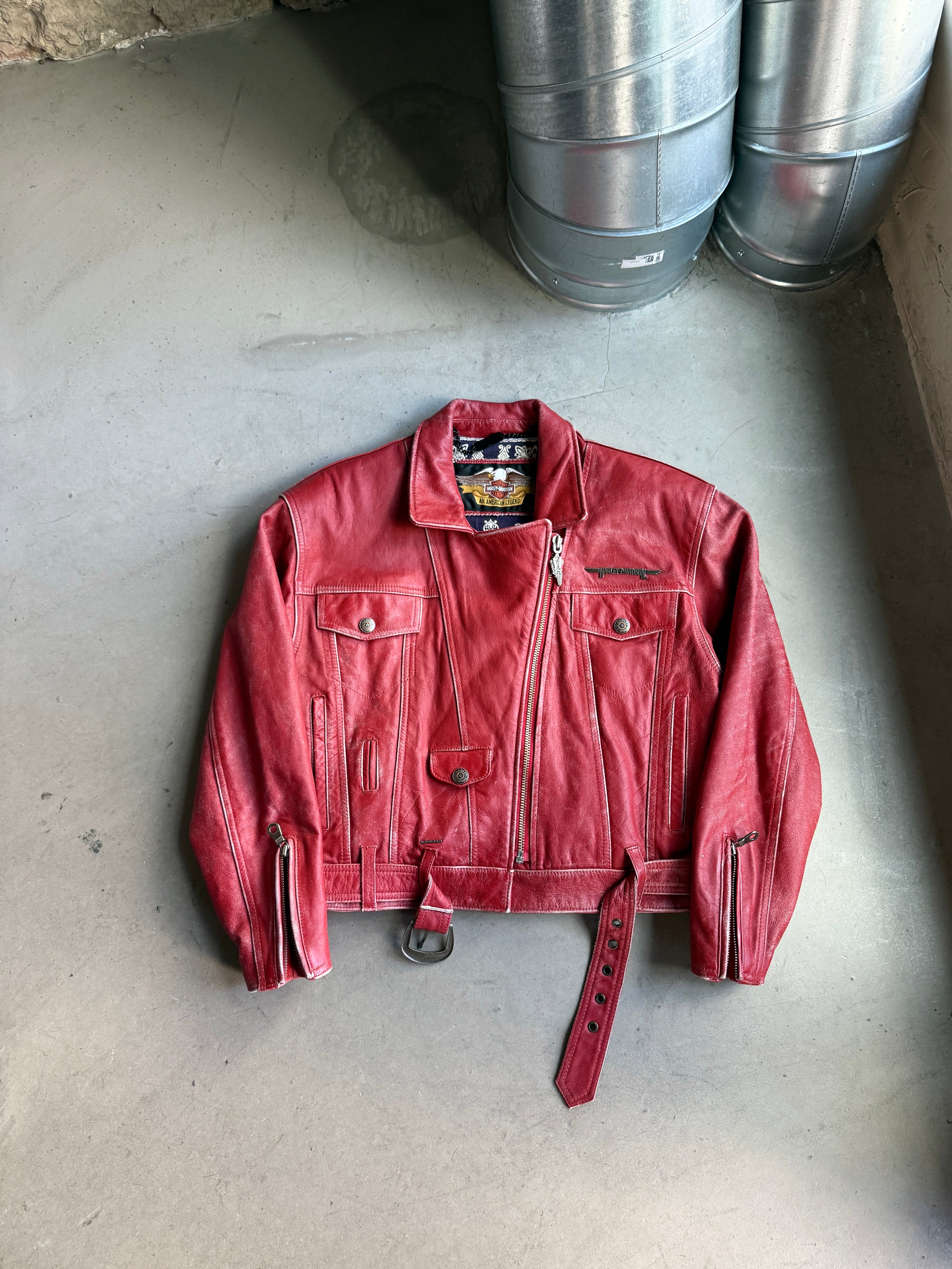 Vintage Bandana Lined Harley-Davidson Biker Leather Jacket Red - M