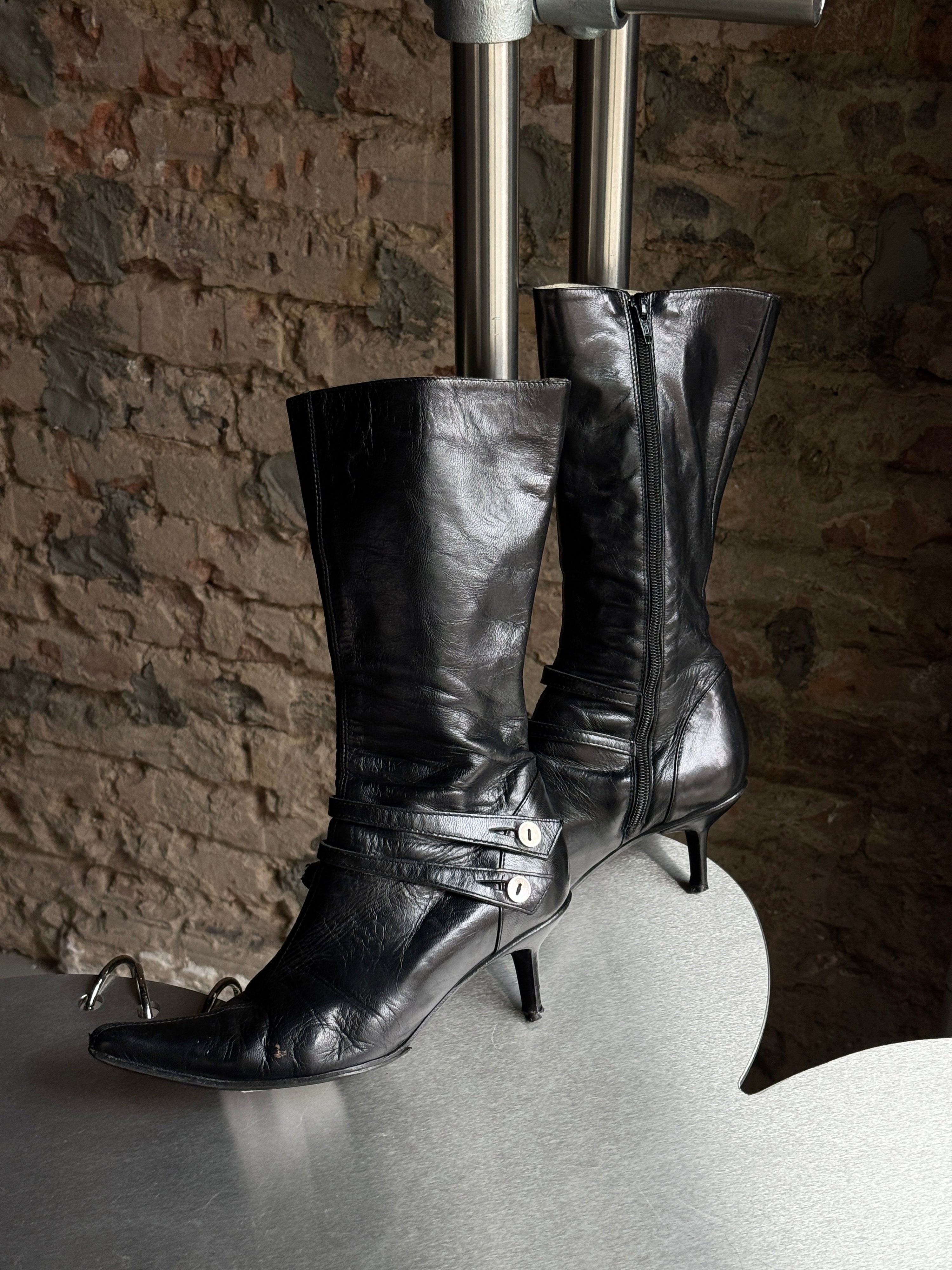 Vintage Italian Leather Stiletto Boots Black - EU 36