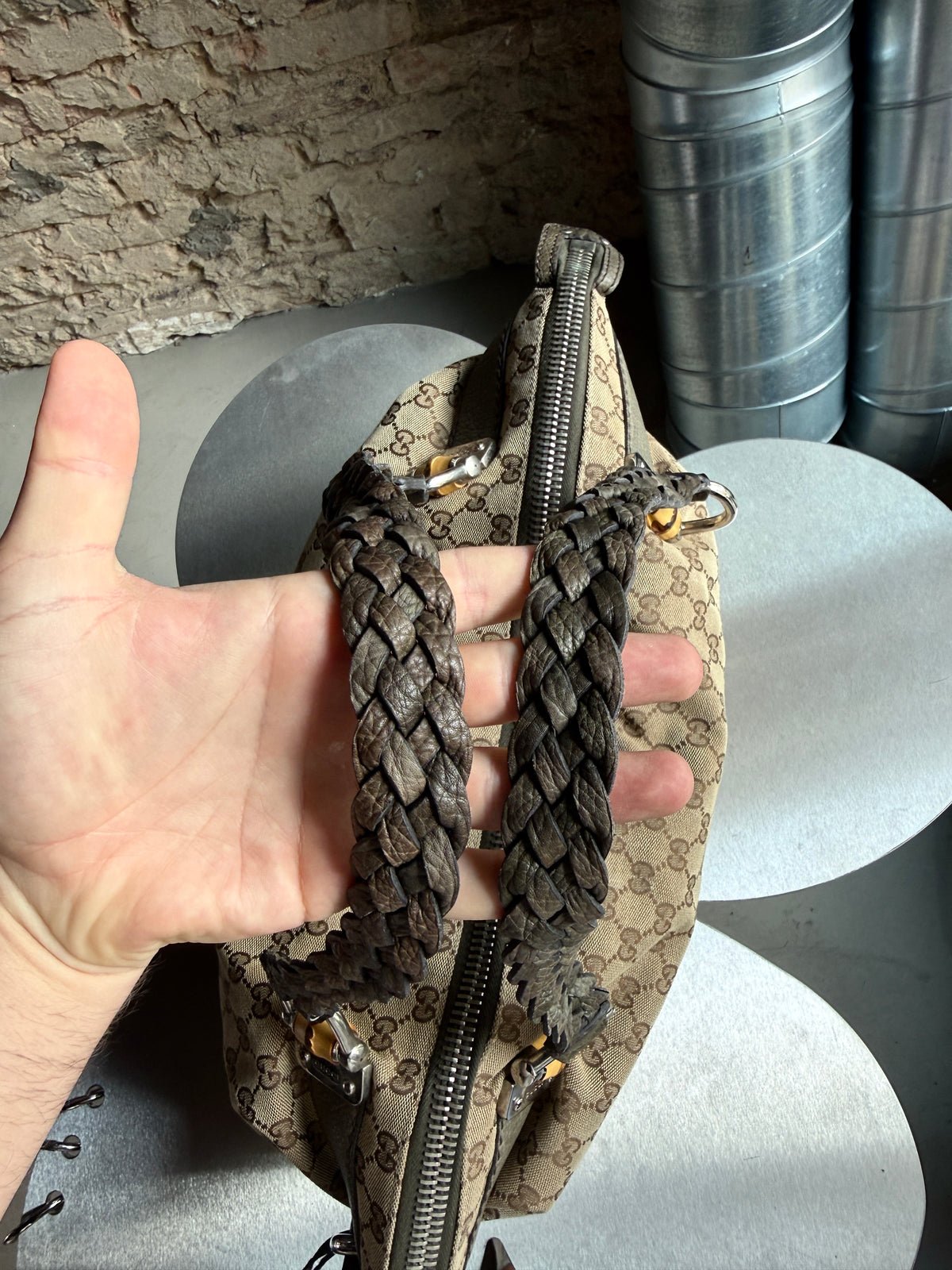 Vintage Gucci GG Bamboo Bar Large Shoulder Bag (Khaki Braided Strap)