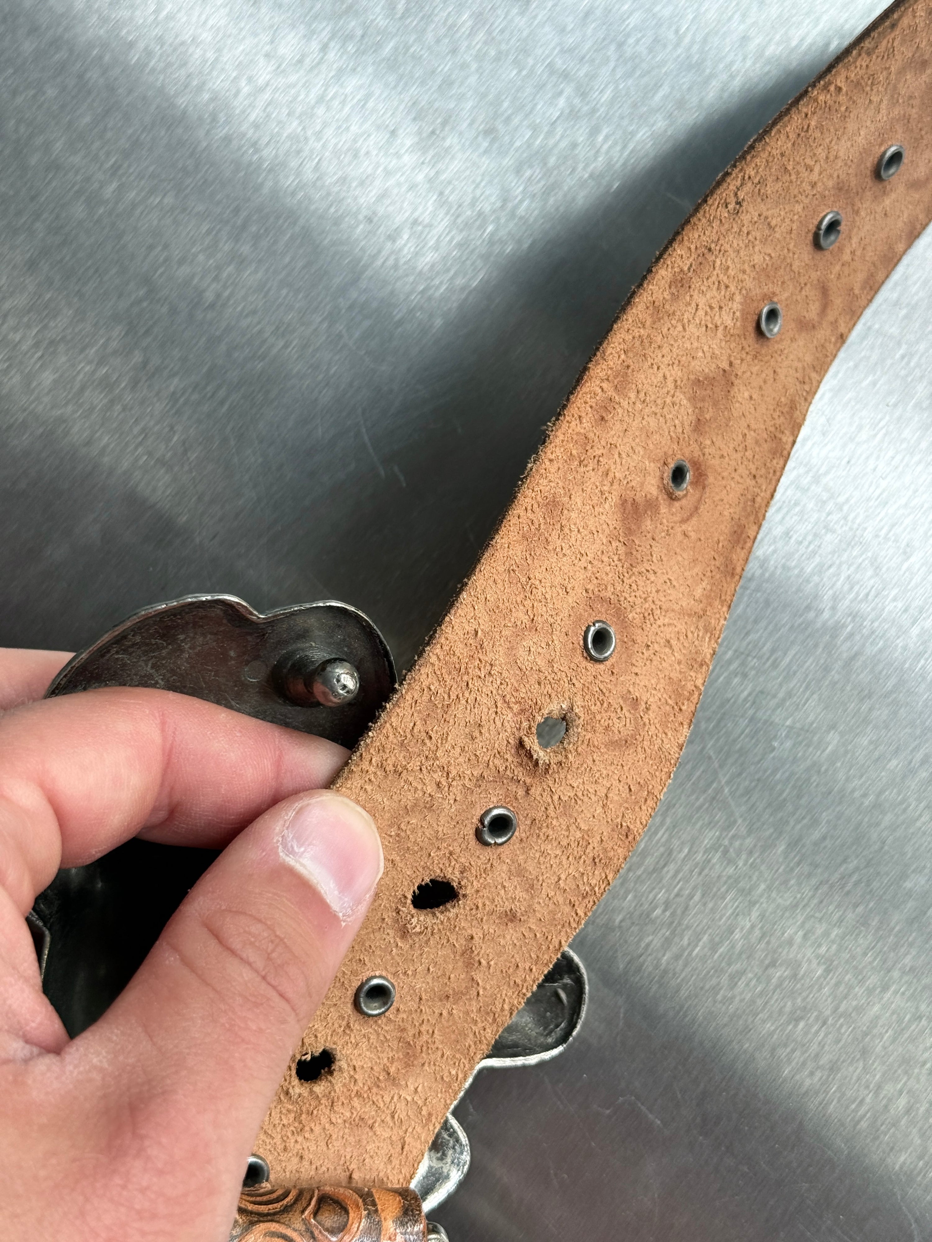 Vintage Elephant Buckle Coin-Studded Leather Belt Brown