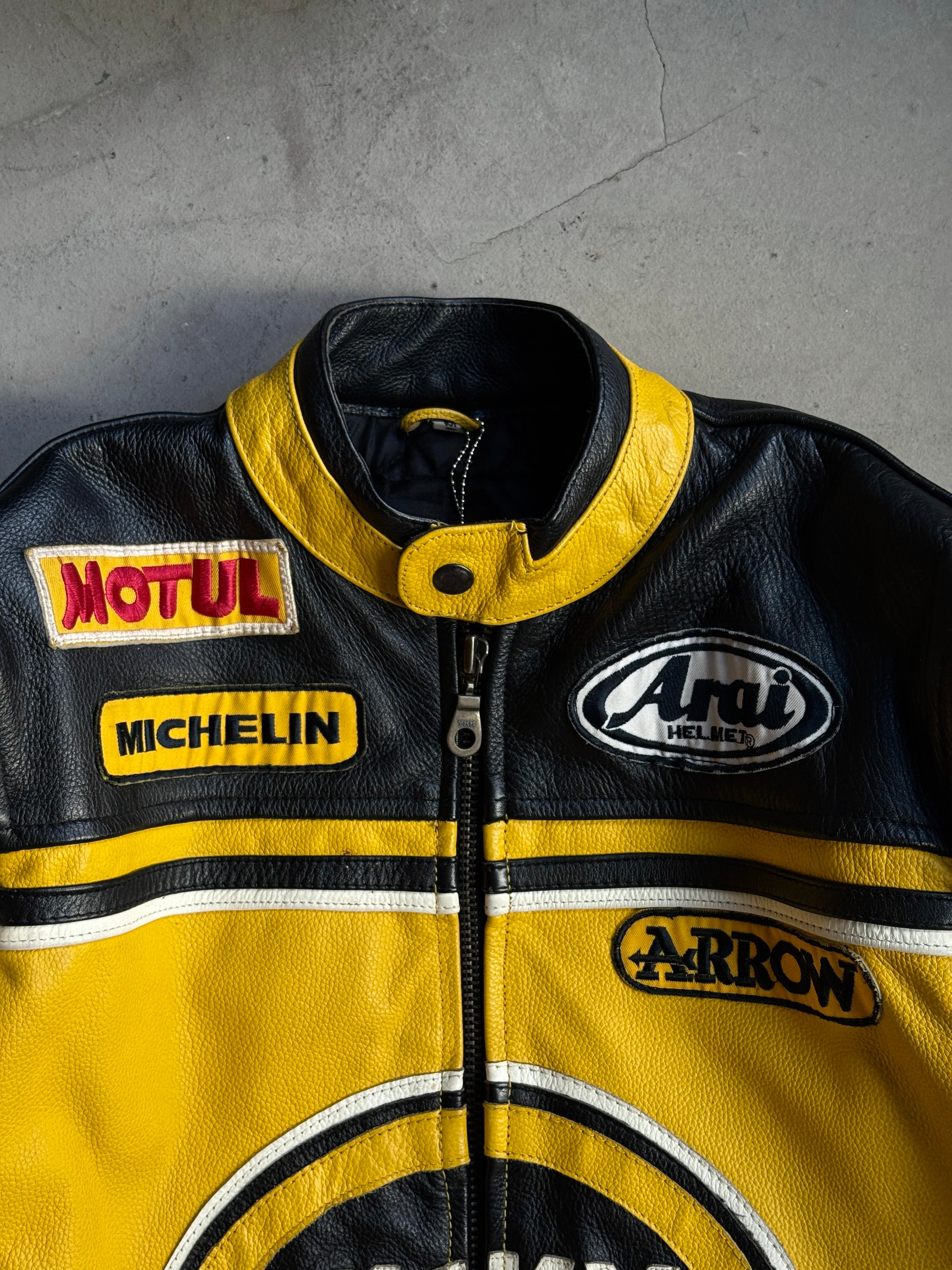 Vintage Lucky Strike Motorcycle Racing Leather Jacket Yellow - S