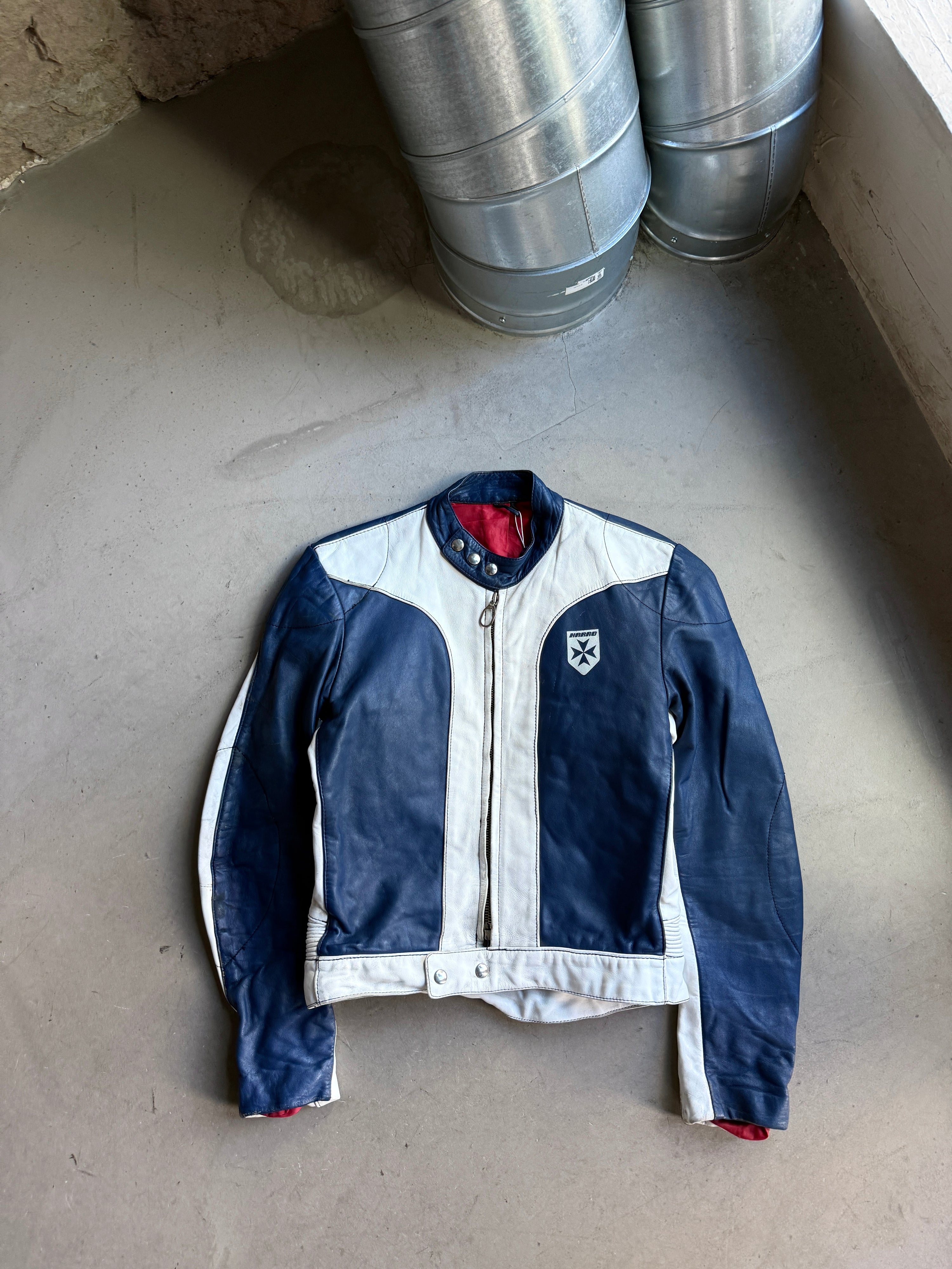Vintage 1970s Harro Racing Biker Leather Jacket White / Navy - XS