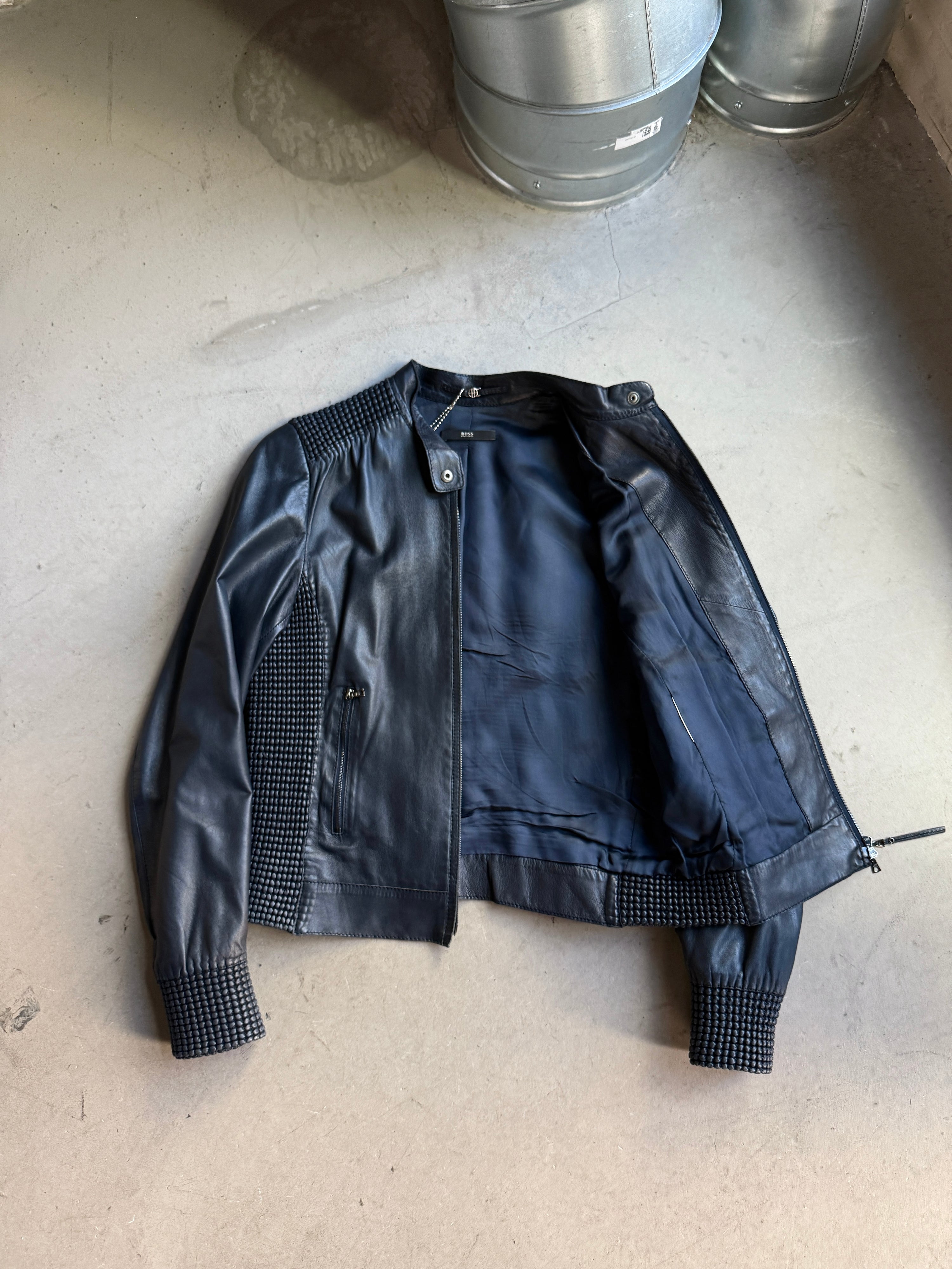 2000s Hugo Boss Nappa Bubble Leather Jacket Navy - S