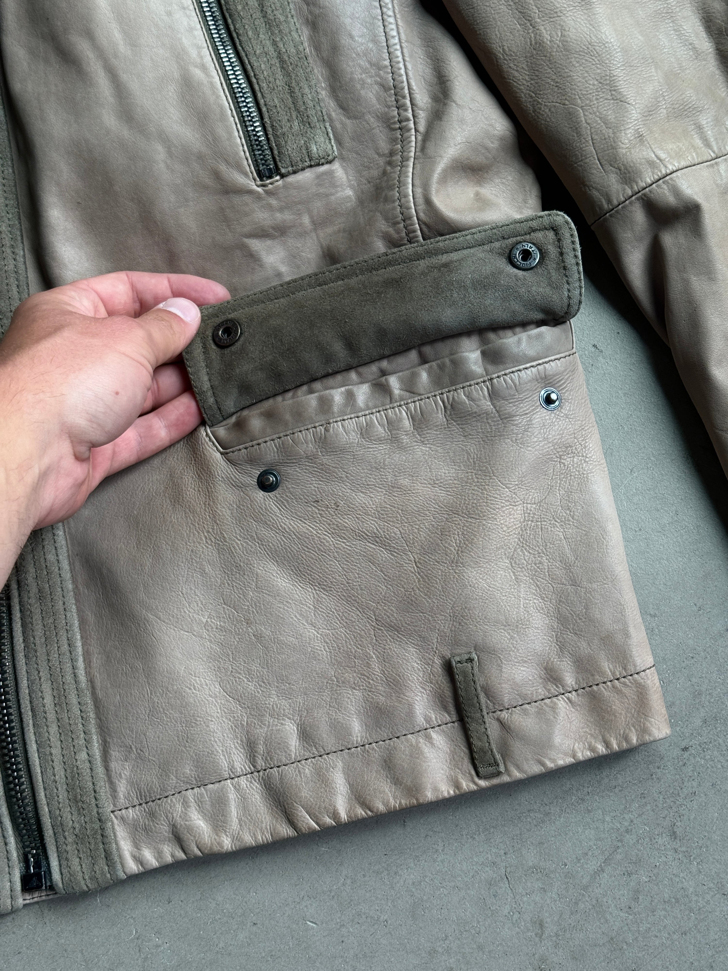Vintage Kenzo Leather Biker Jacket Taupe / Khaki - L