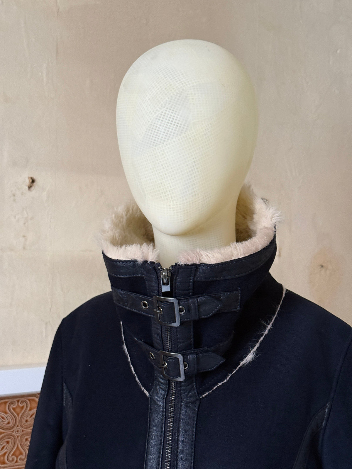 Vintage 00s Armani Jeans Navy Faux Suede / Faux Fur Shearling Aviator Jacket - XS