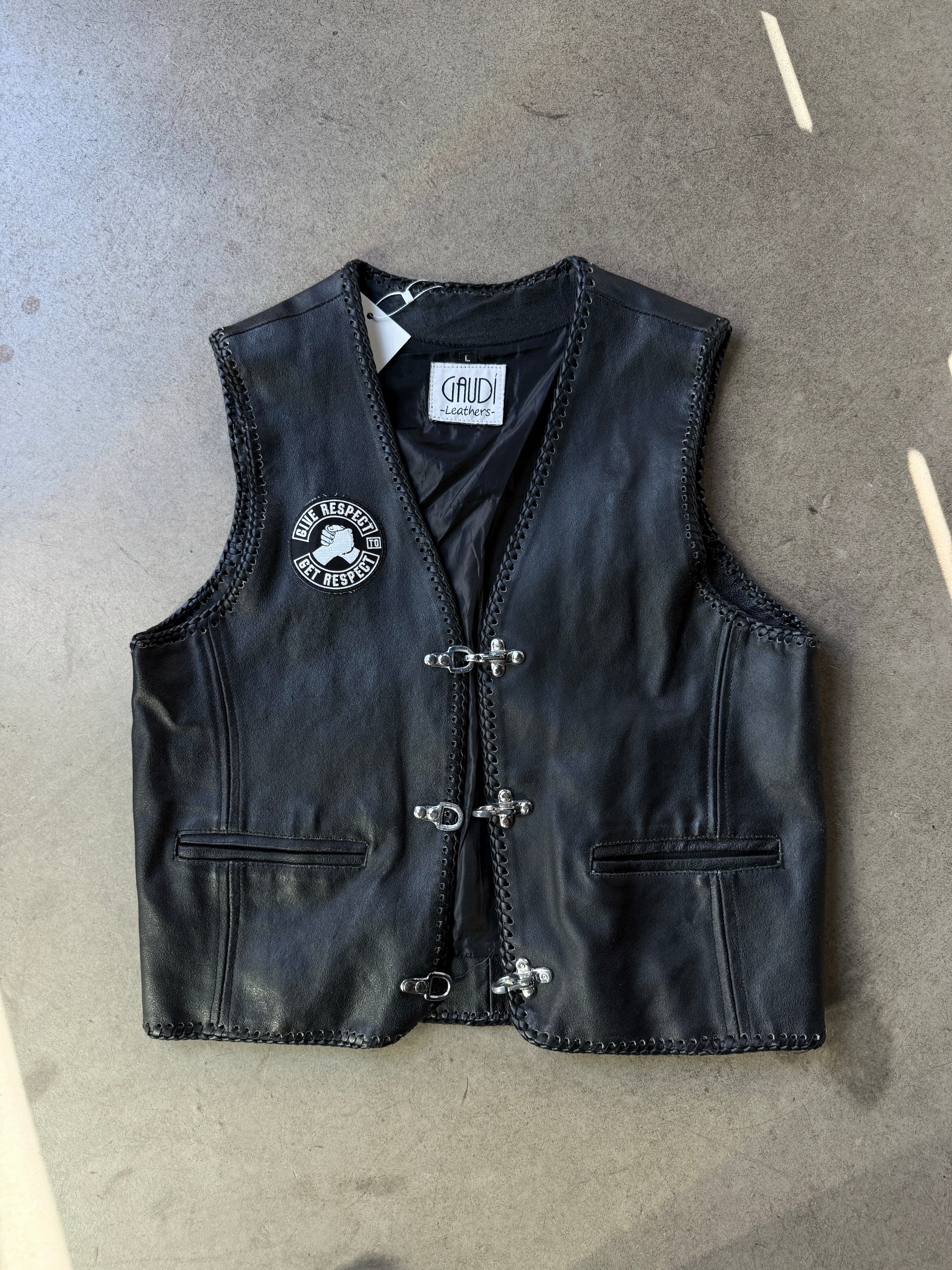 Vintage Gaudi Leather Biker Vest Black  - L
