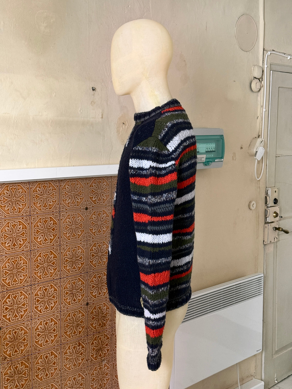 Vintage 2000s Armani Jeans Geometric Knit Wool Sweater Navy / Orange - M