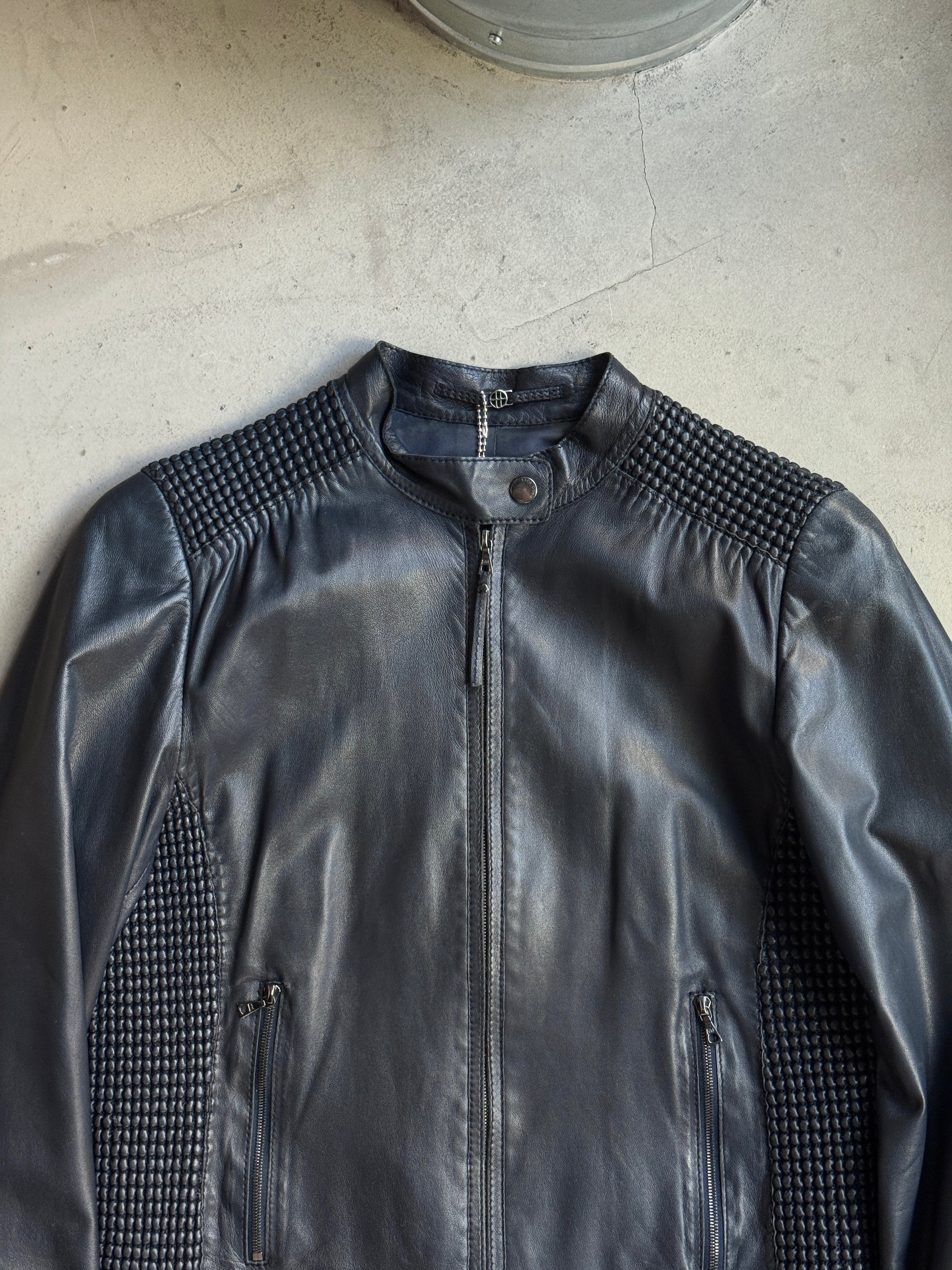 2000s Hugo Boss Nappa Bubble Leather Jacket Navy - S