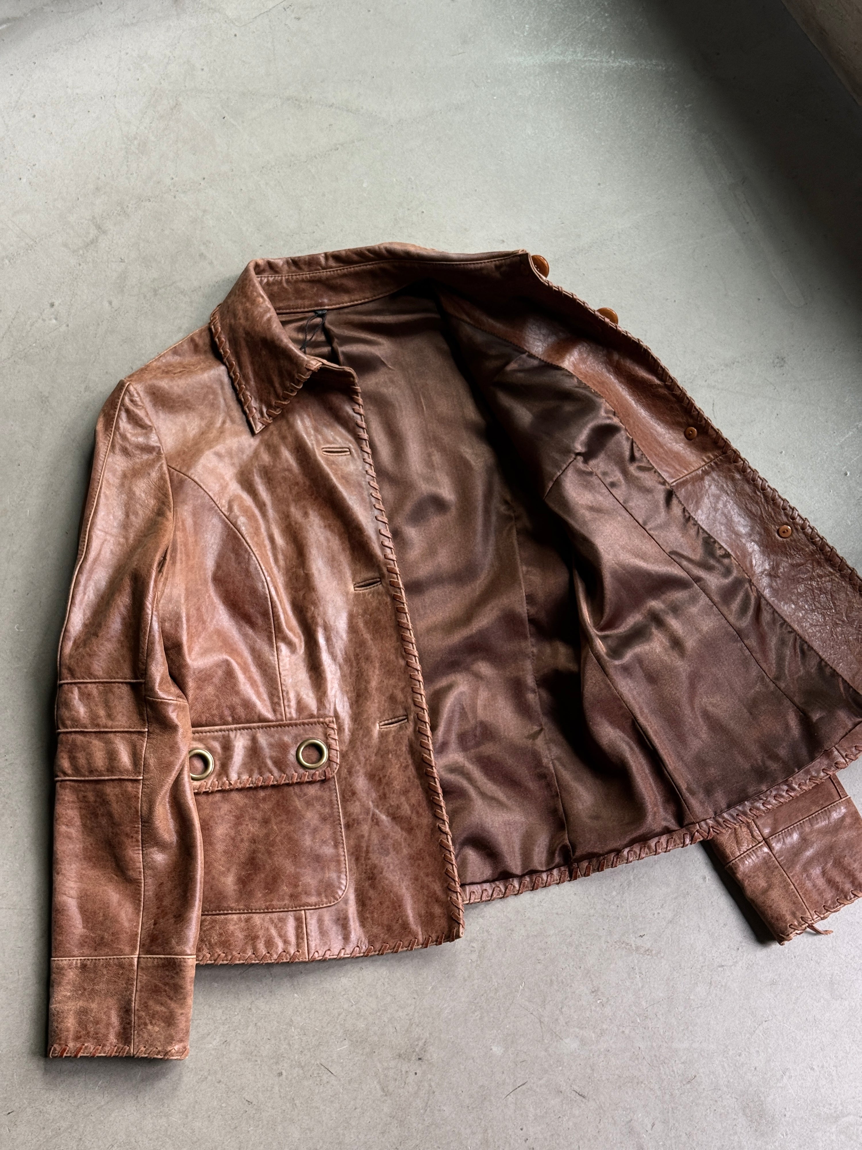 Vintage Brown Leather Jacket w/ oversized flap pockets - S