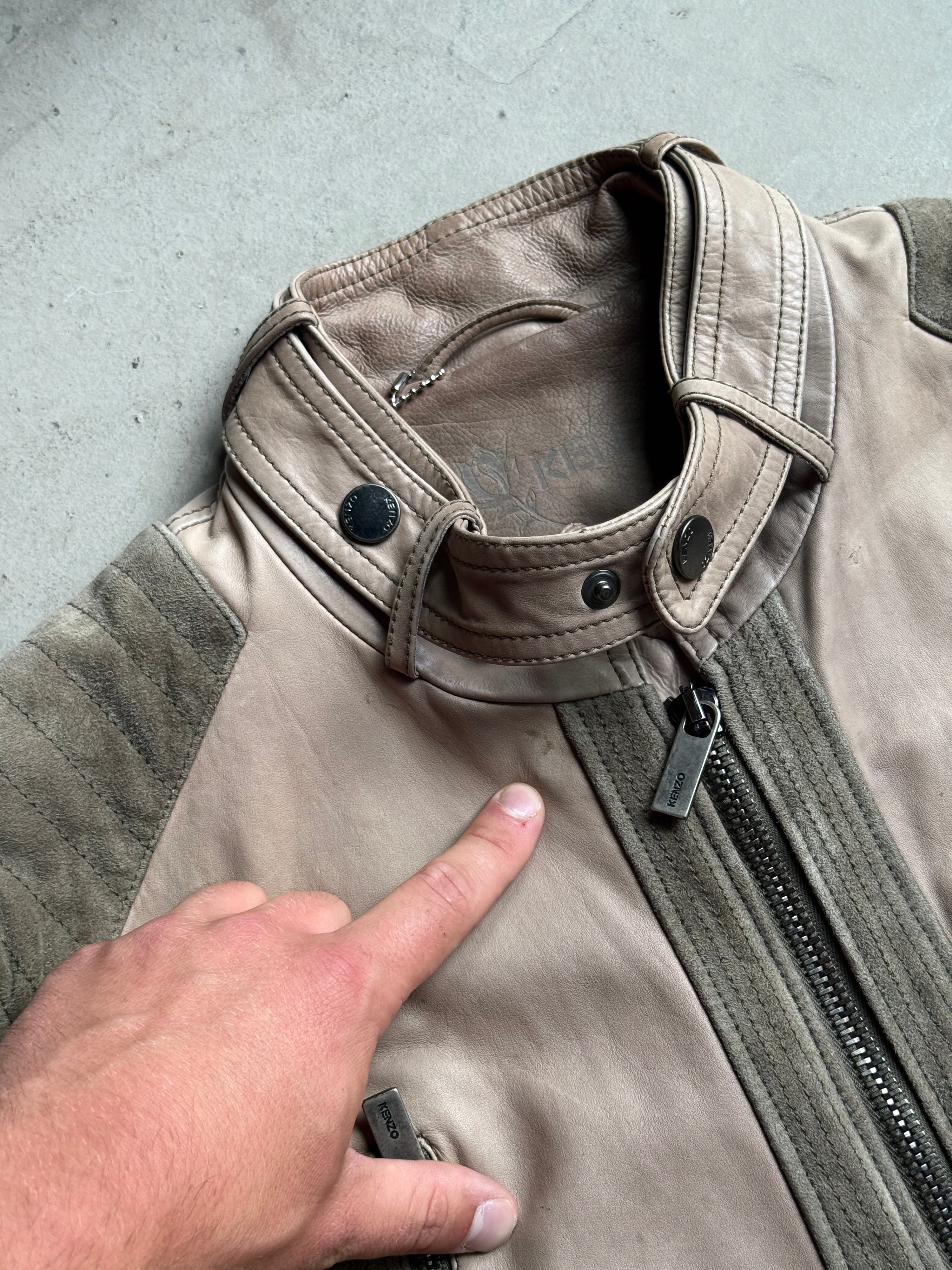Vintage Kenzo Leather Biker Jacket Taupe / Khaki - L