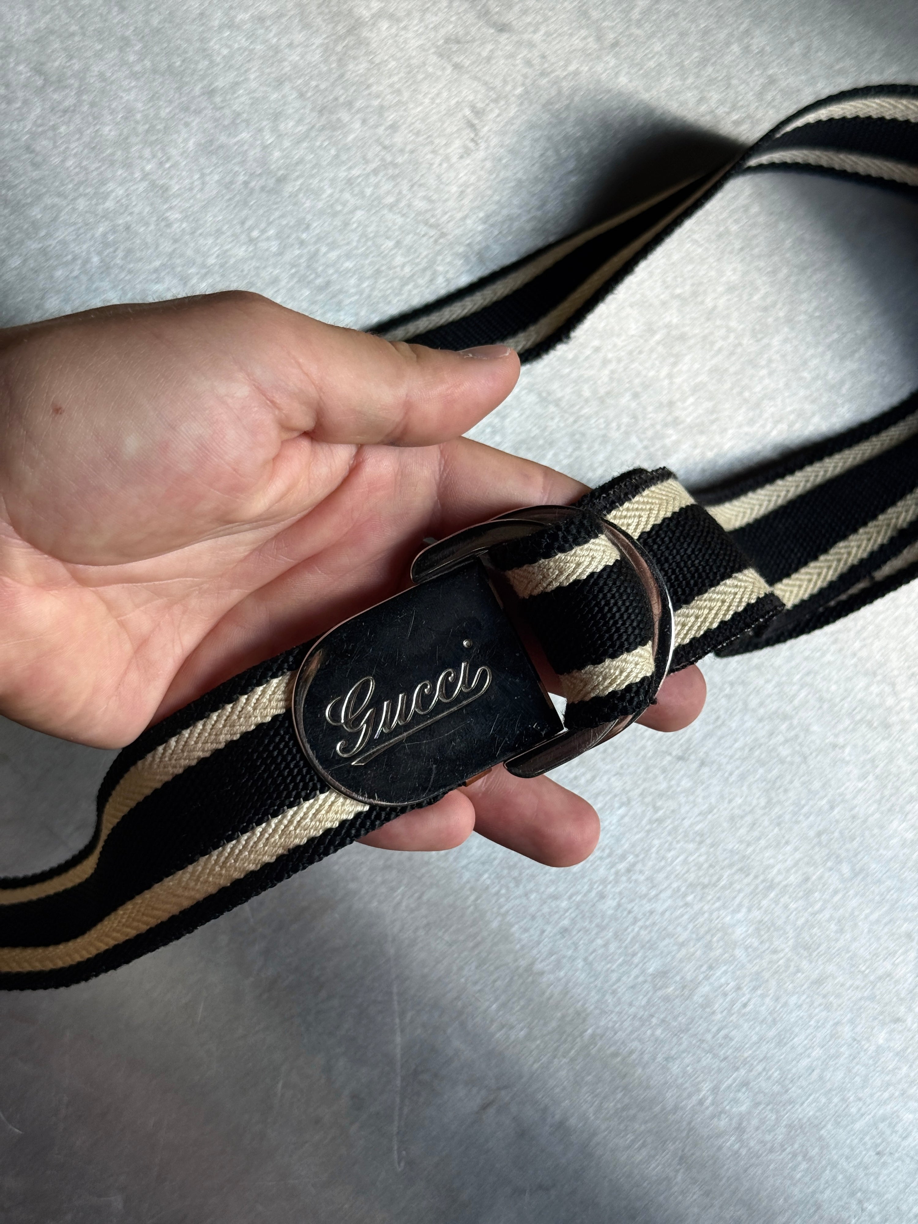 Gucci Striped Web Canvas Belt Black / Cream