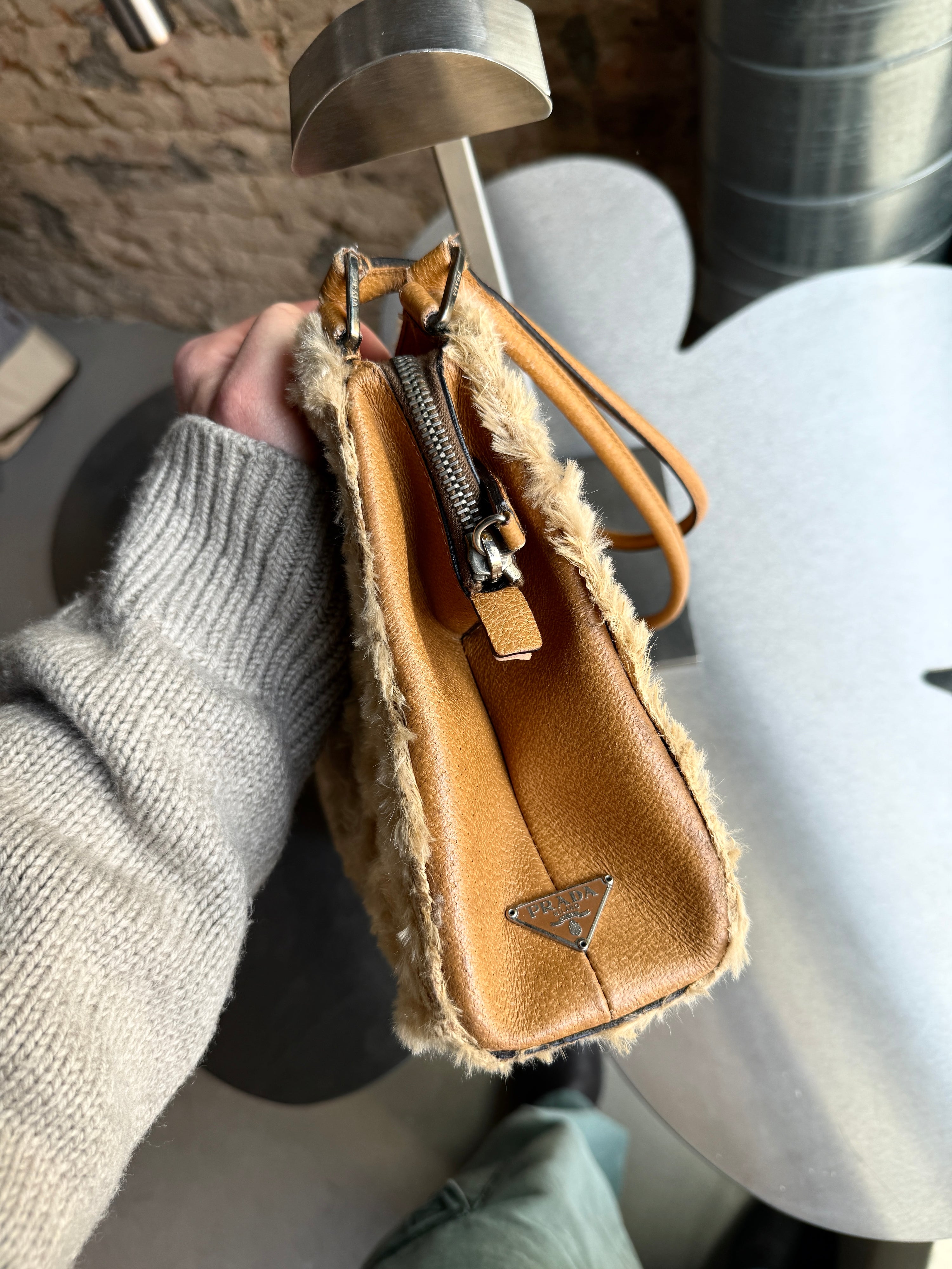 Vintage 2000s Prada Faux Fur Shearling Leather Shoulder Bag Beige