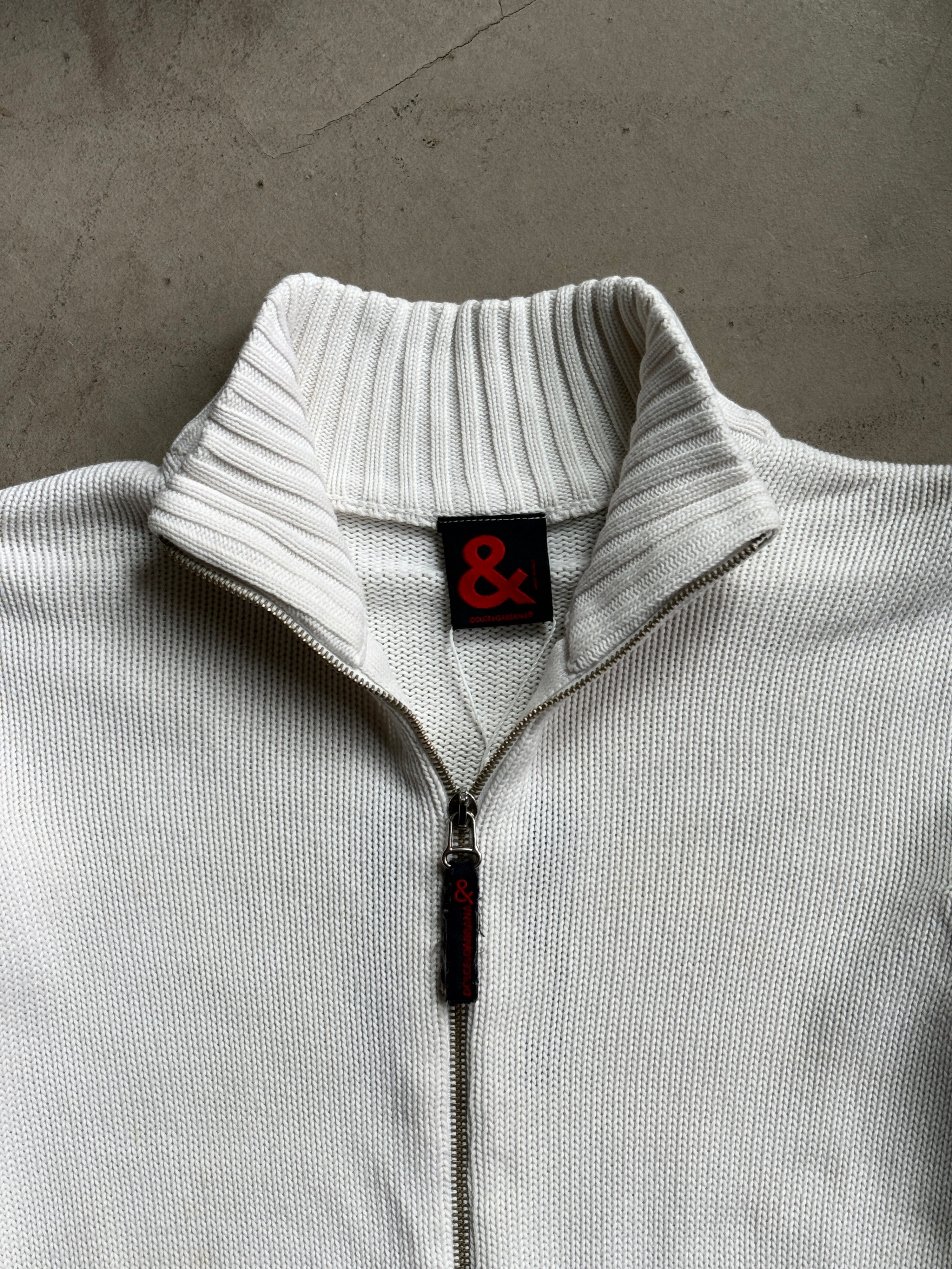 Vintage 2000s Dolce & Gabbana Ribbed Zip Up Knit Jacket White - S
