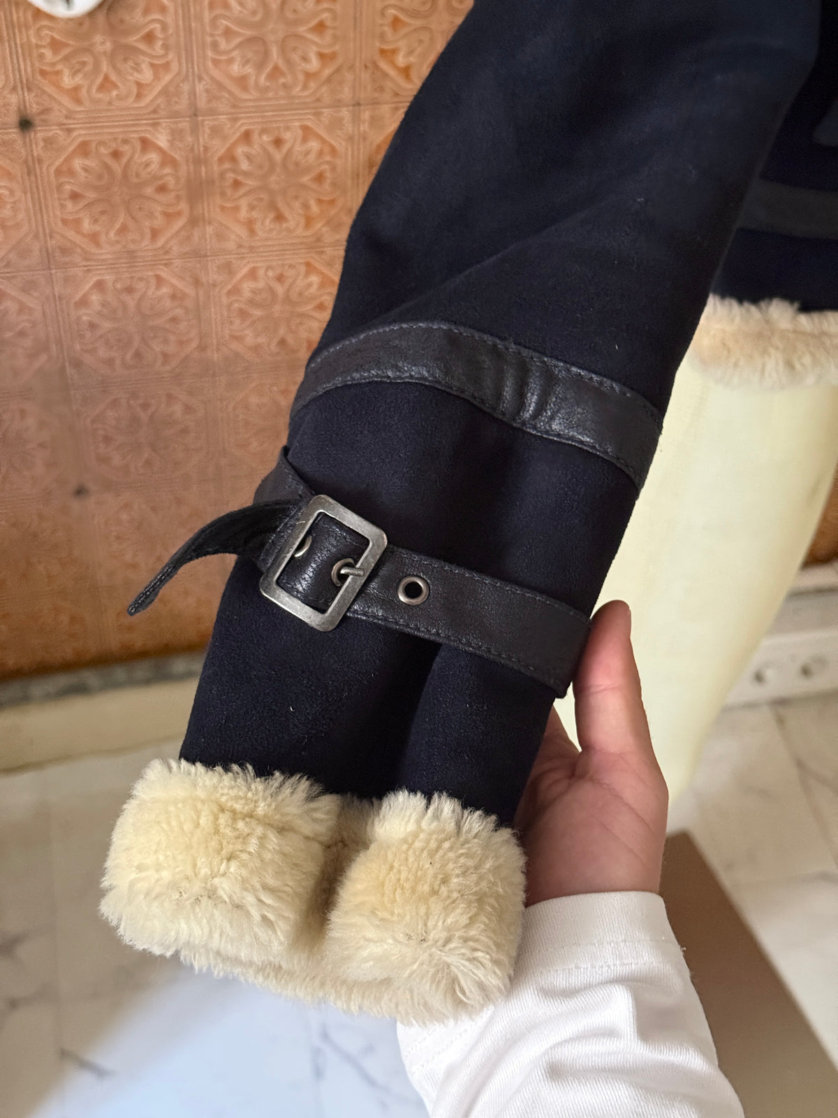 Vintage 00s Armani Jeans Navy Faux Suede / Faux Fur Shearling Aviator Jacket - XS