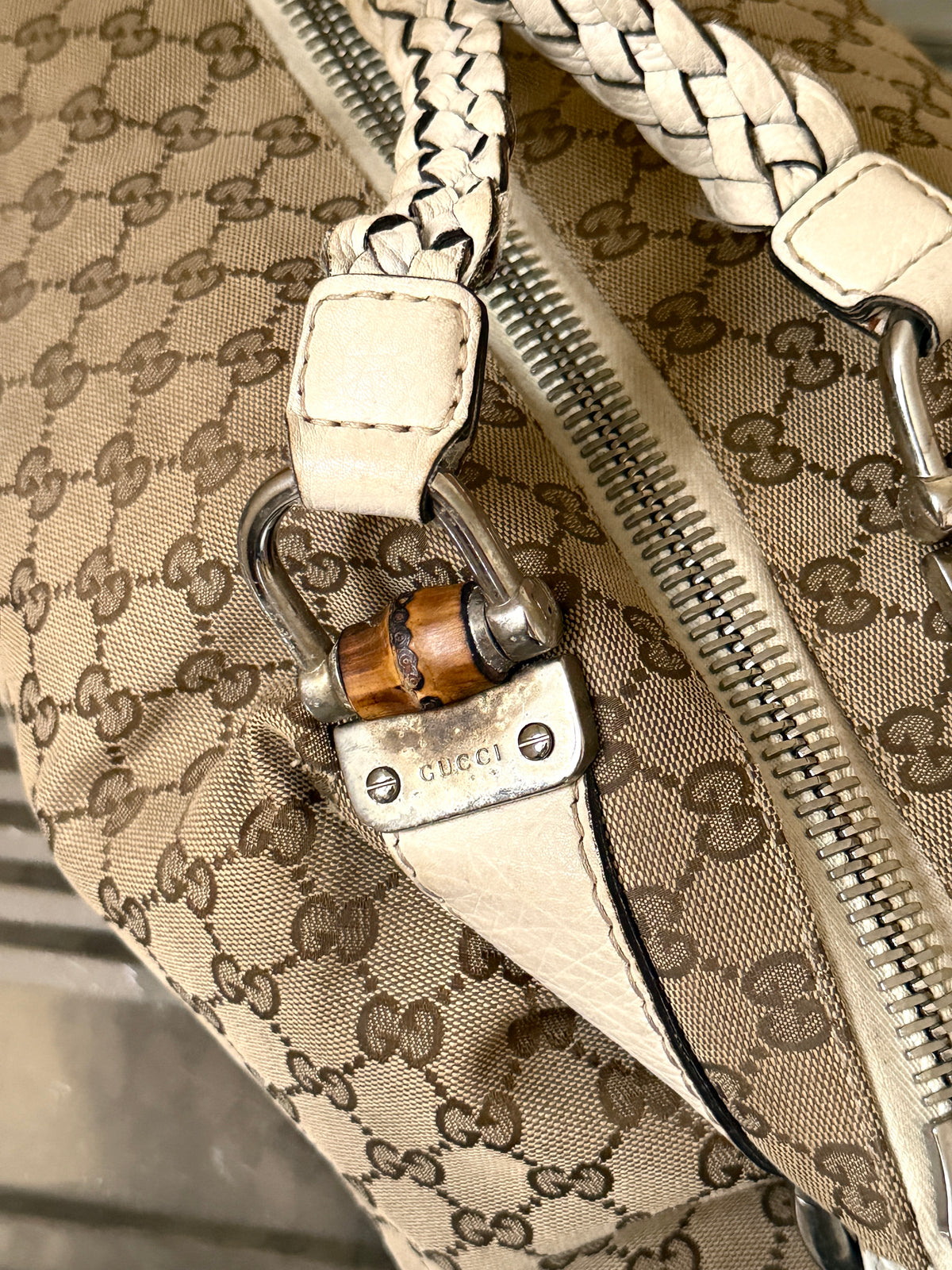 Gucci GG Bamboo Bar Medium Monogram White Shoulder Bag