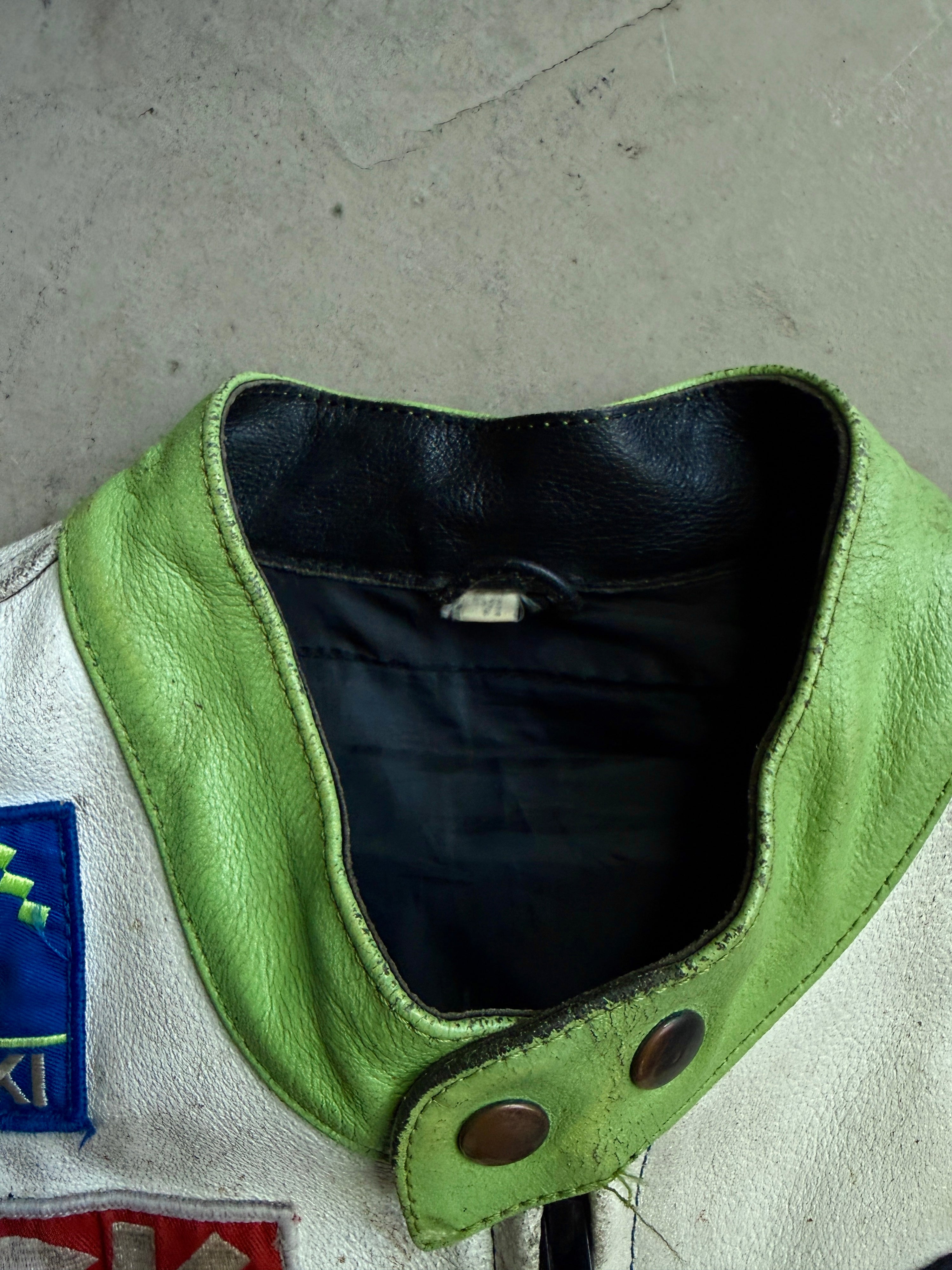 Vintage Suzuki Movi Star Racing Biker Leather Jacket Green / Blue - M