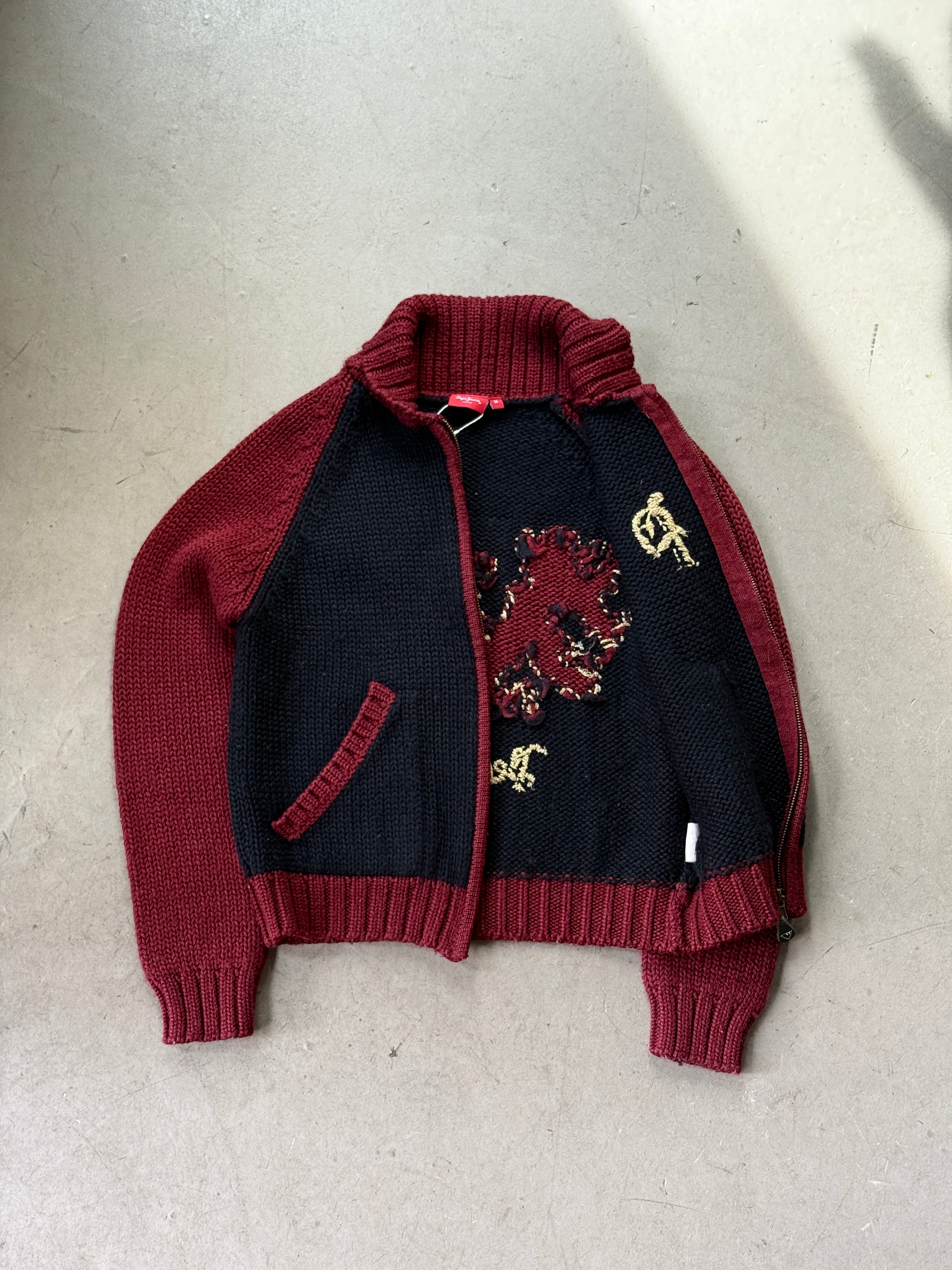 Vintage Pepe Jeans Knitted "Lions" Zip Up Red/Navy - S