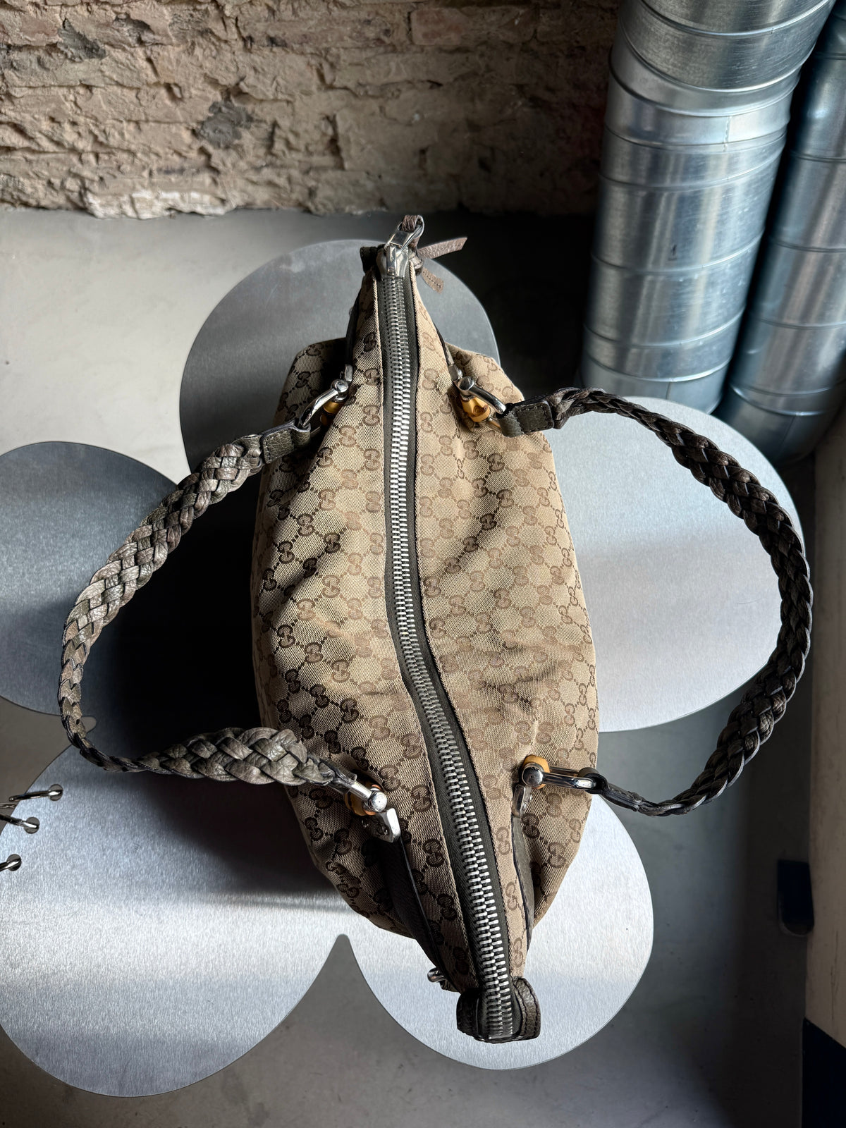 Vintage Gucci GG Bamboo Bar Large Shoulder Bag (Khaki Braided Strap)