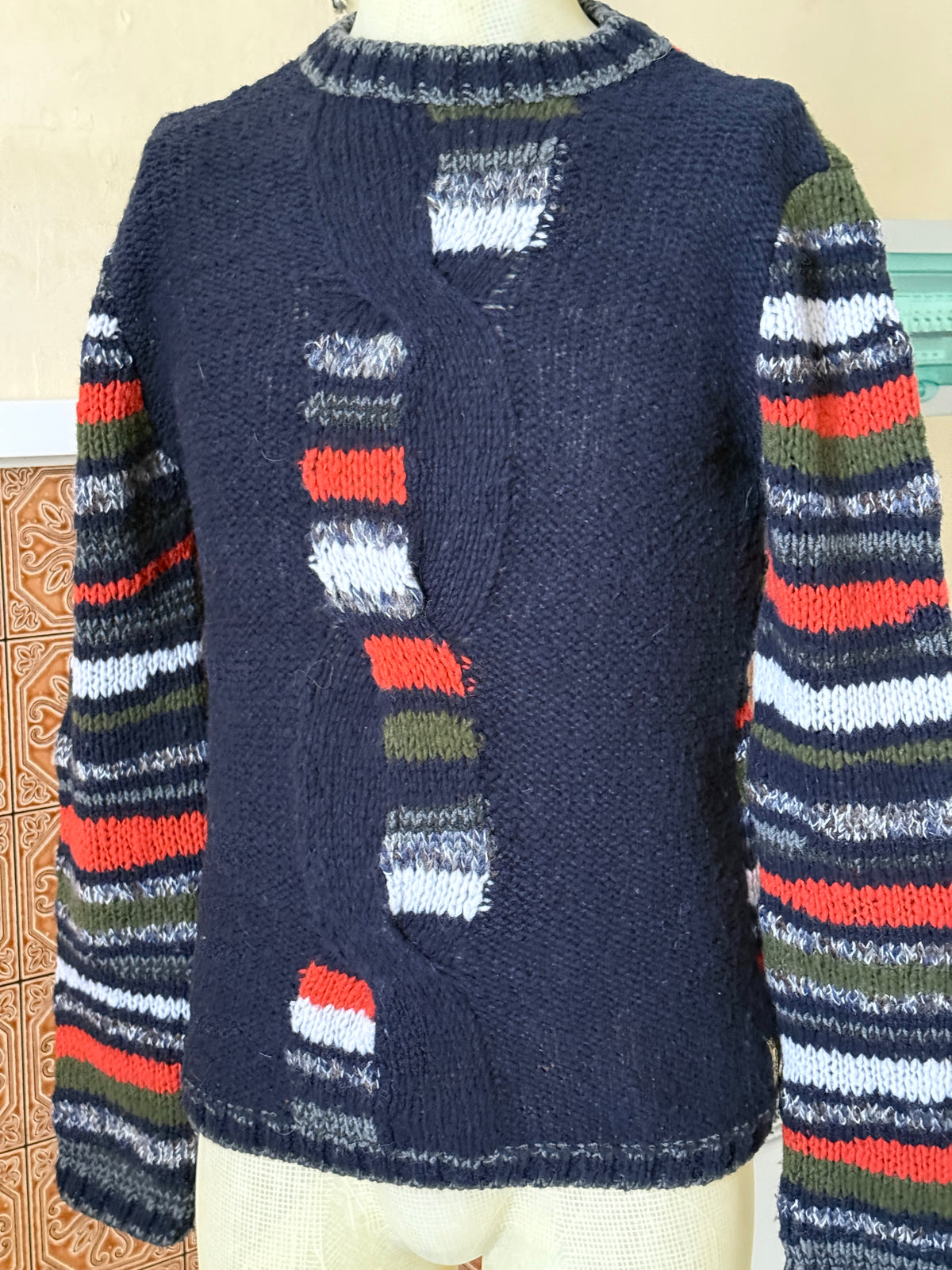 Vintage 2000s Armani Jeans Geometric Knit Wool Sweater Navy / Orange - M