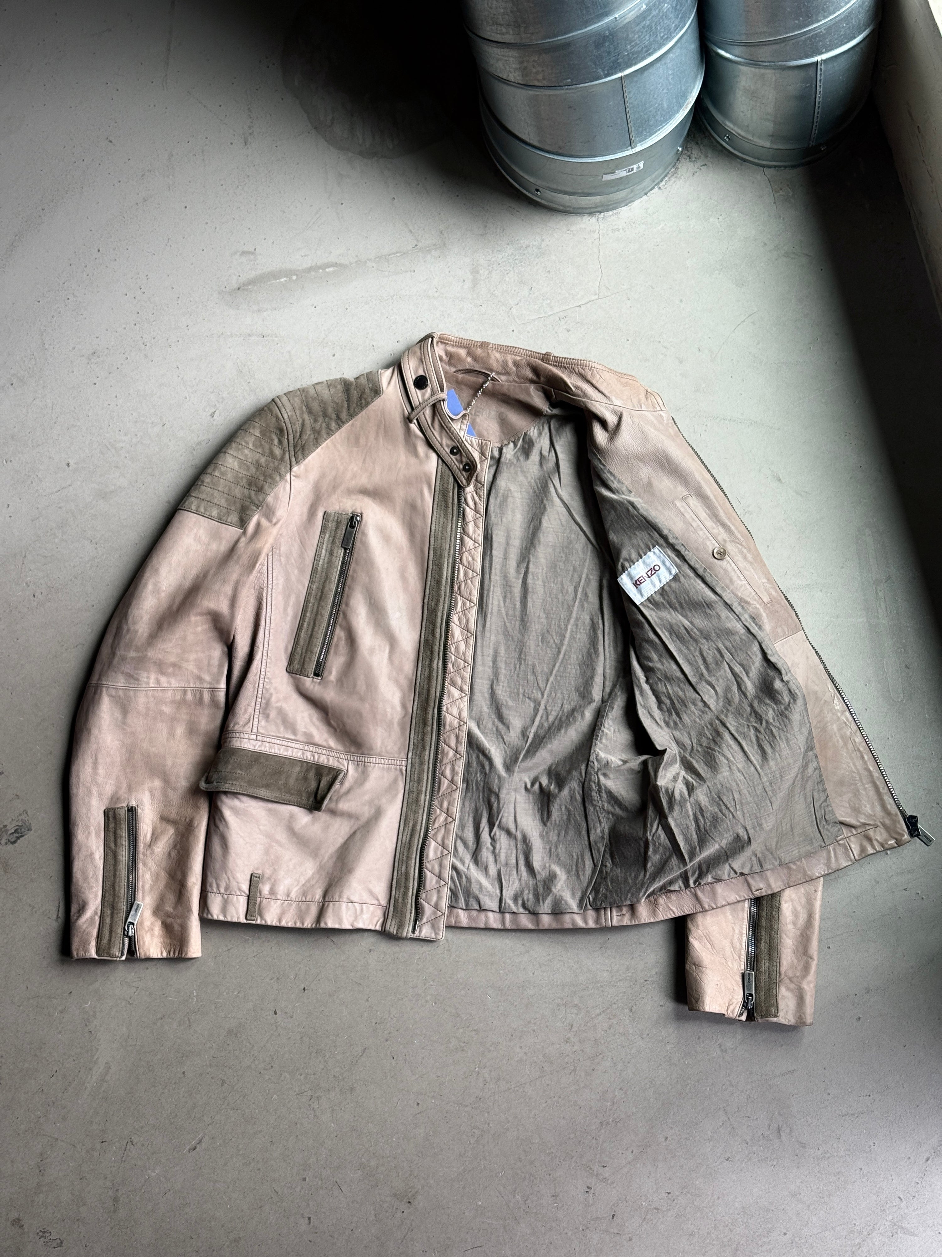 Vintage Kenzo Leather Biker Jacket Taupe / Khaki - L