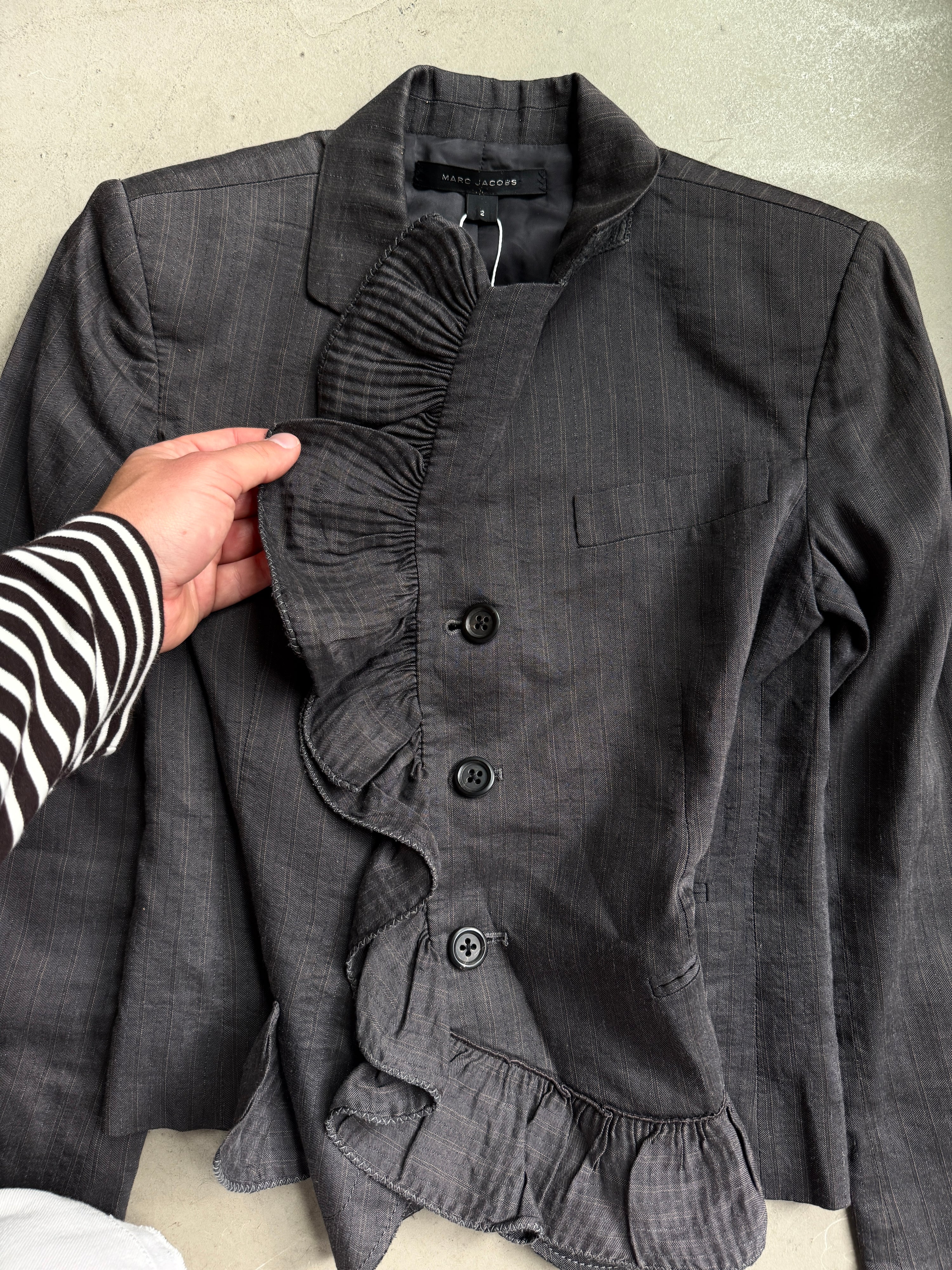 Vintage 2000s Marc Jacobs Pinstripe Ruffle Cropped Blazer