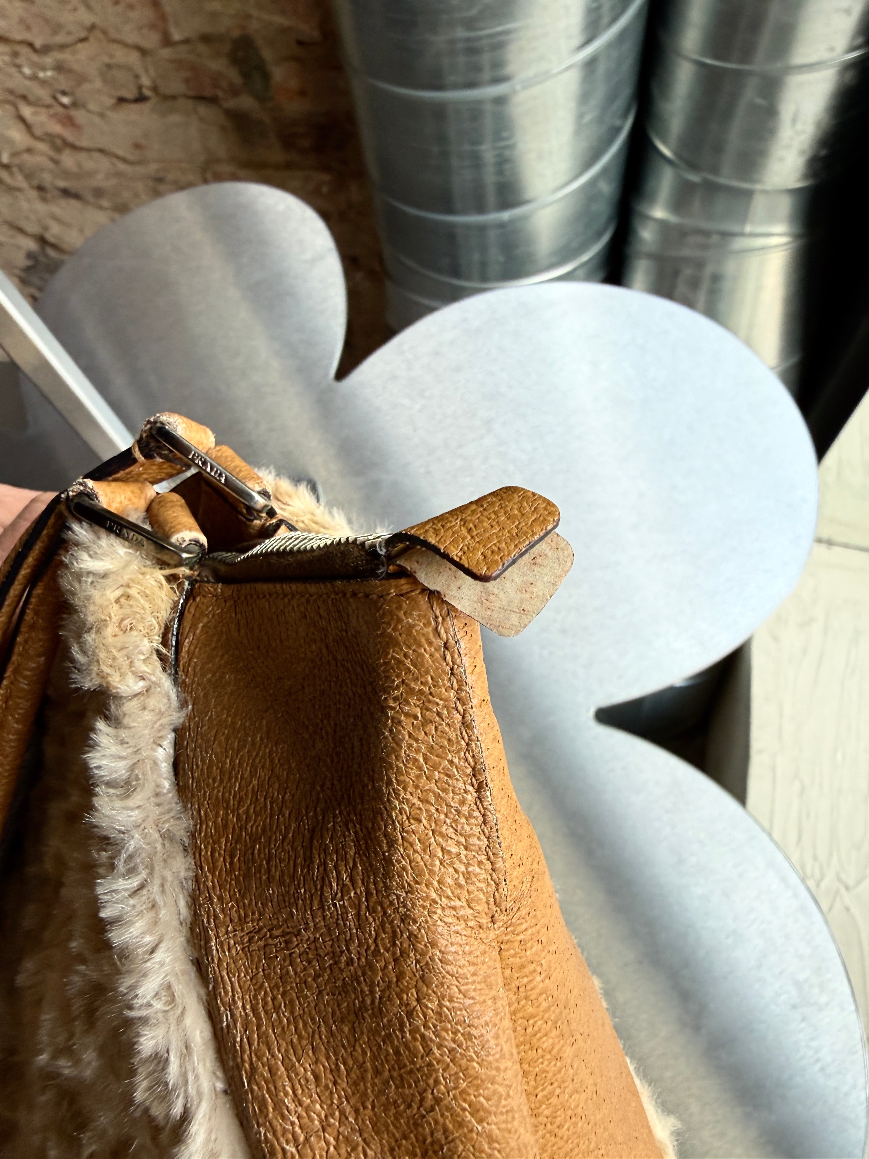 Vintage 2000s Prada Faux Fur Shearling Leather Shoulder Bag Beige