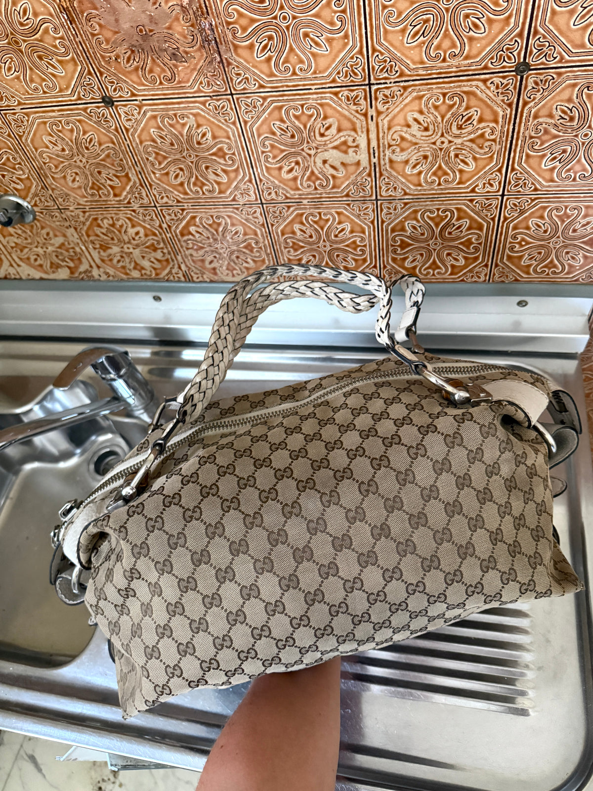 Gucci GG Bamboo Bar Medium Monogram White Shoulder Bag