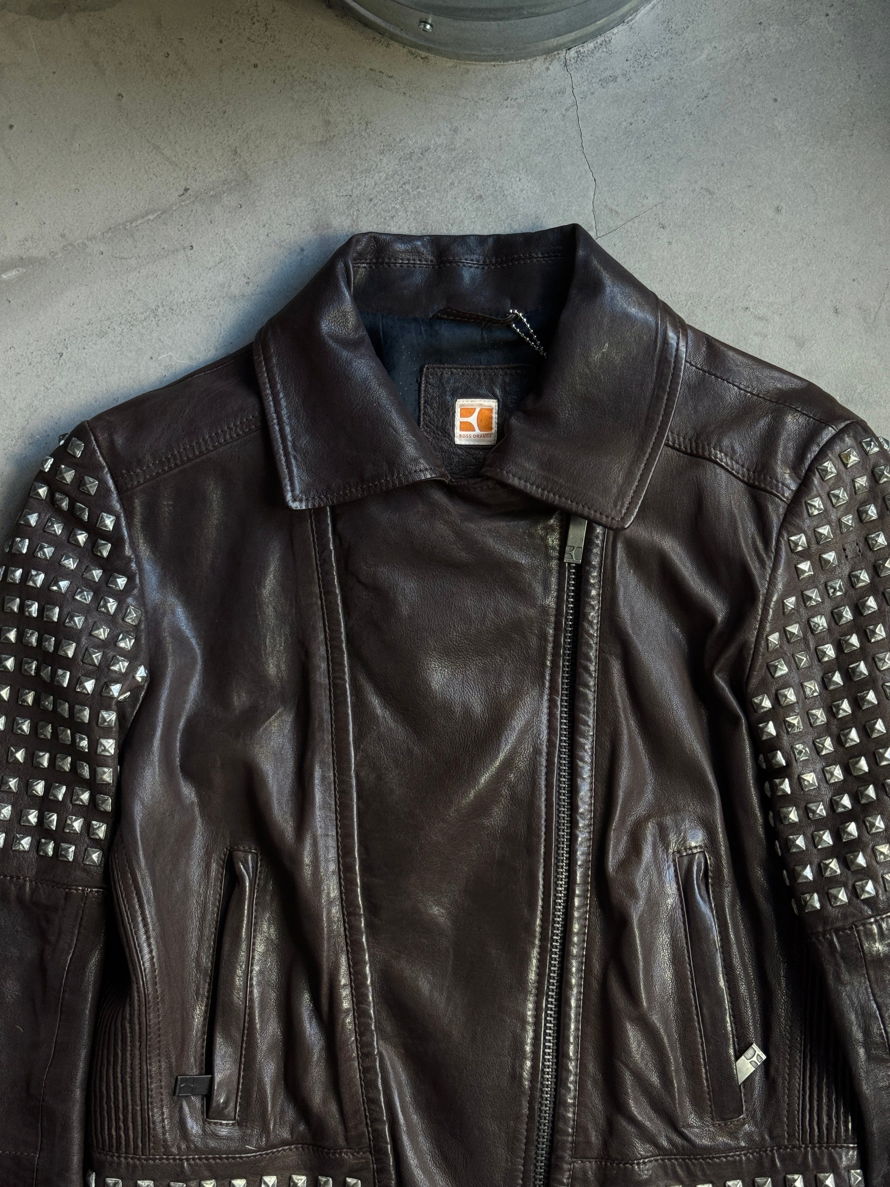 Vintage 2000s Hugo Boss Orange Studded Biker Leather Jacket Brown - S