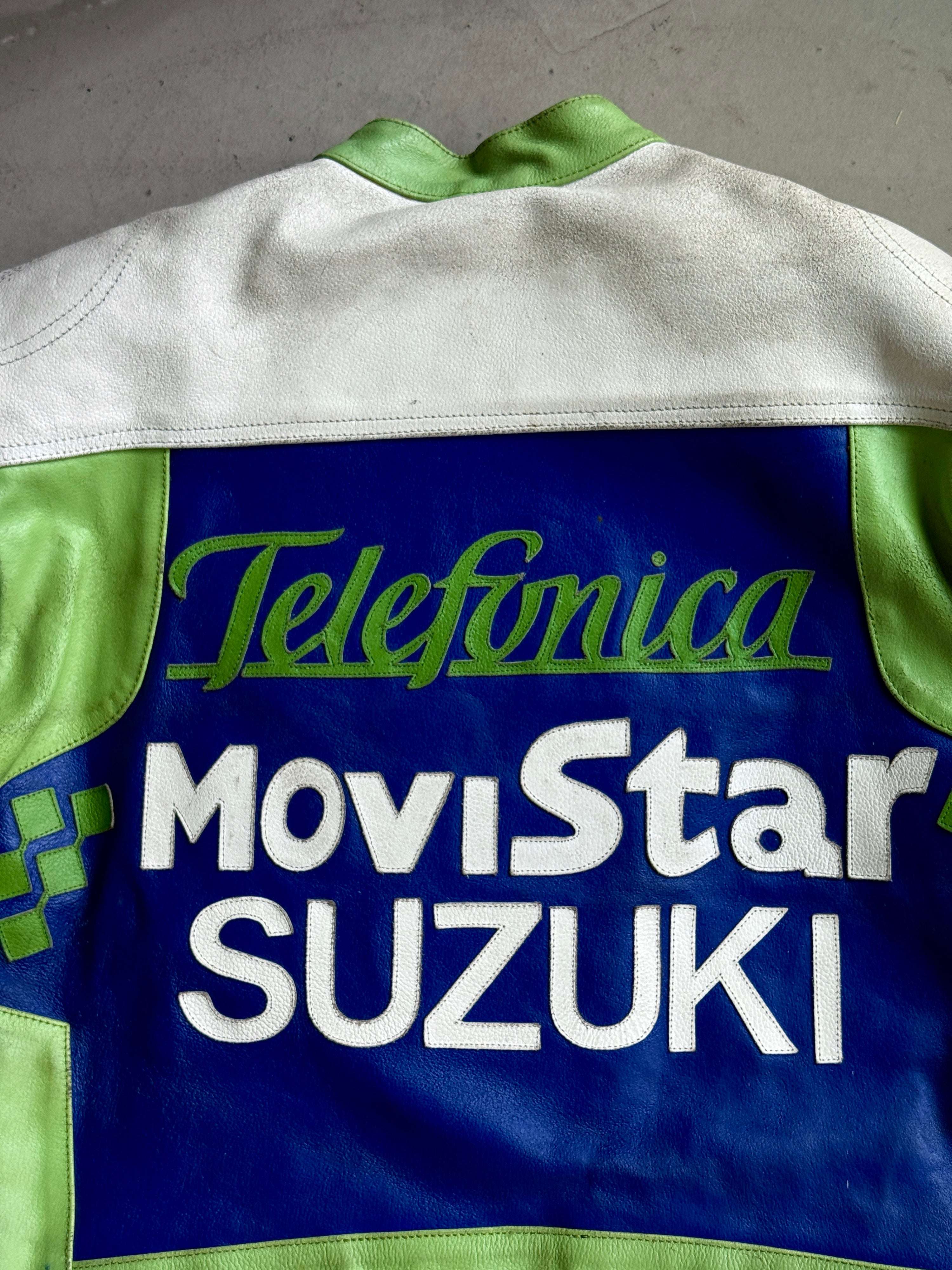 Vintage Suzuki Movi Star Racing Biker Leather Jacket Green / Blue - M