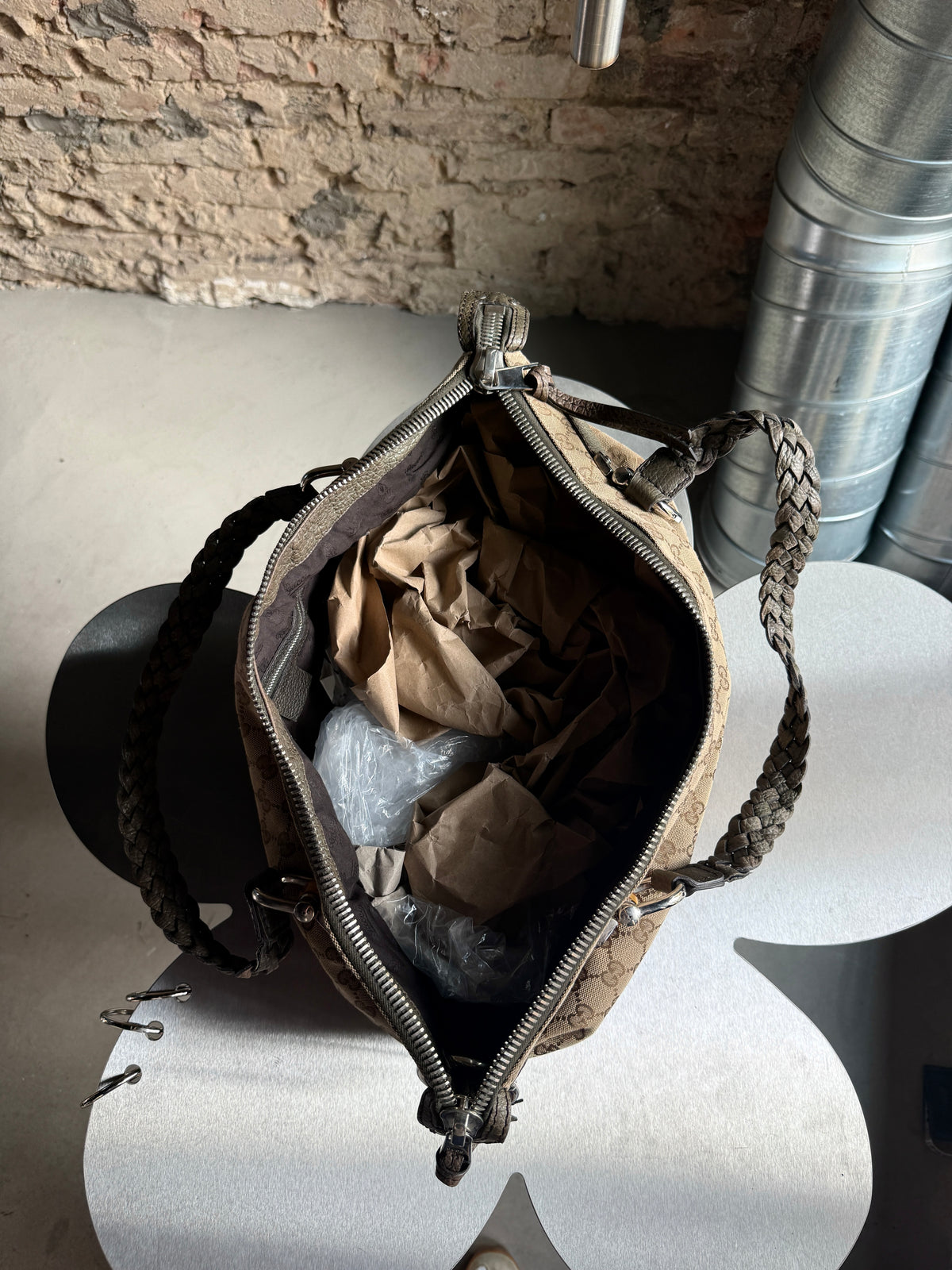 Vintage Gucci GG Bamboo Bar Large Shoulder Bag (Khaki Braided Strap)