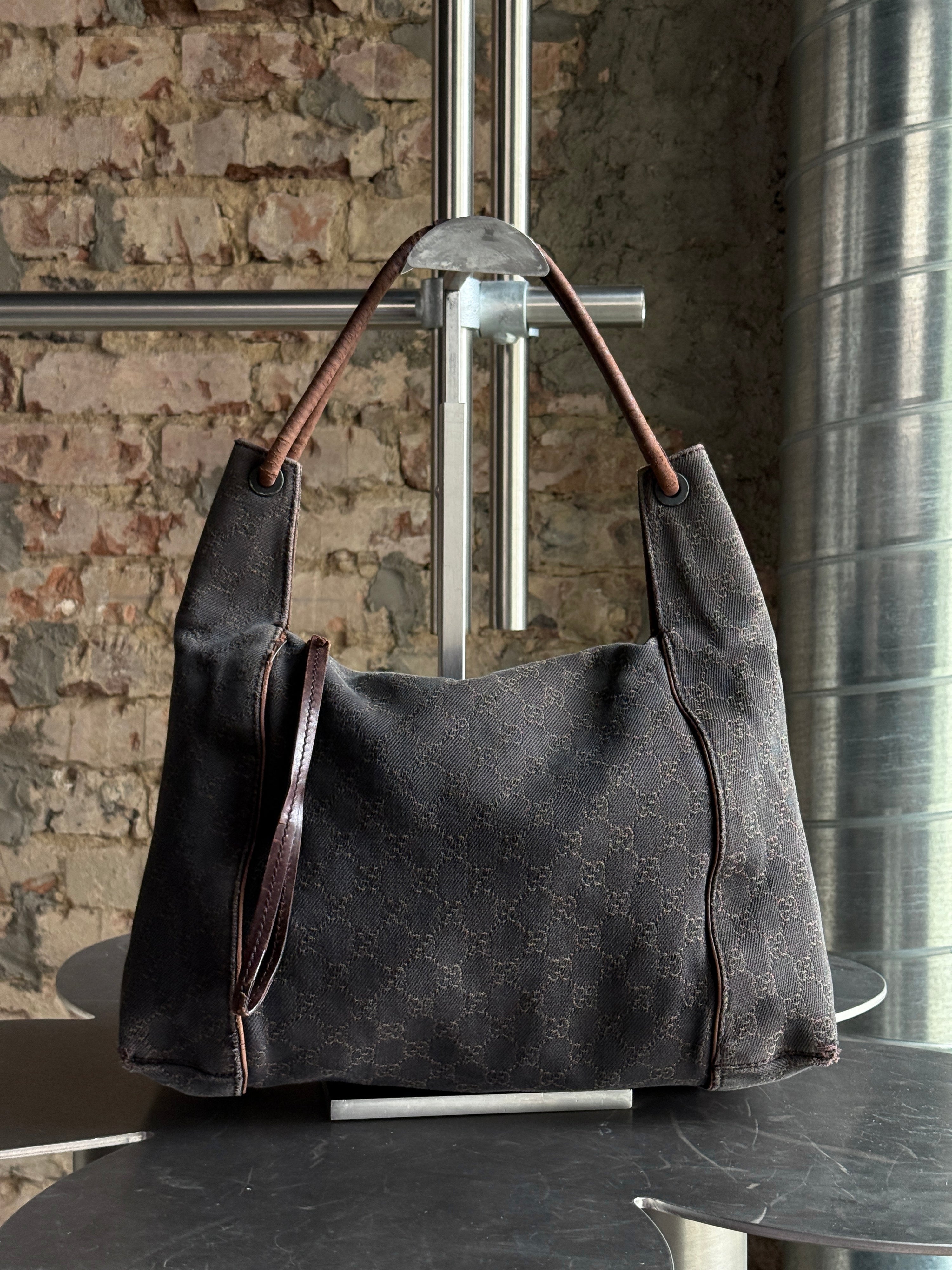 Vintage Gucci GG Cloth Hobo Bag Dark Brown