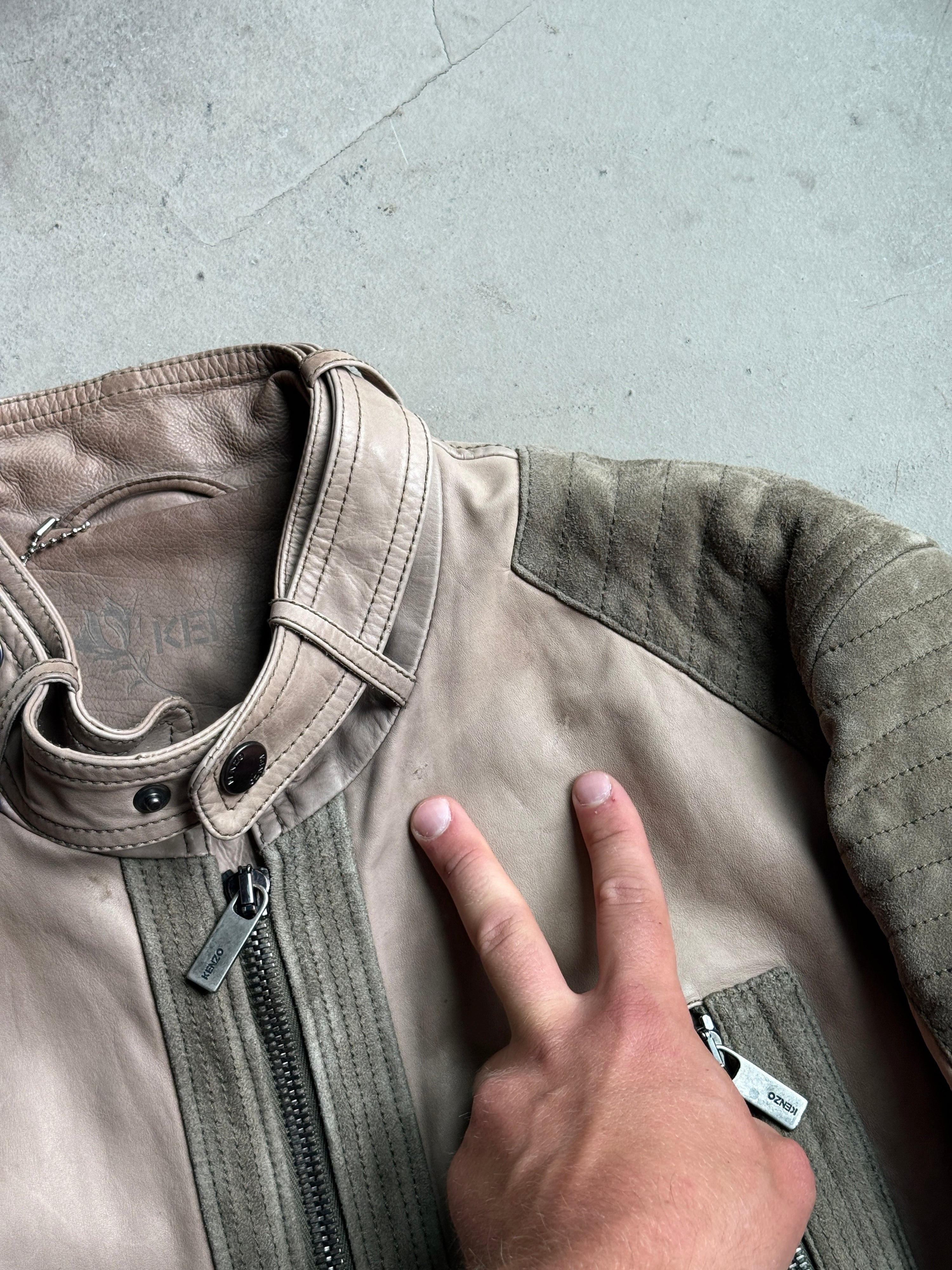 Vintage Kenzo Leather Biker Jacket Taupe / Khaki - L