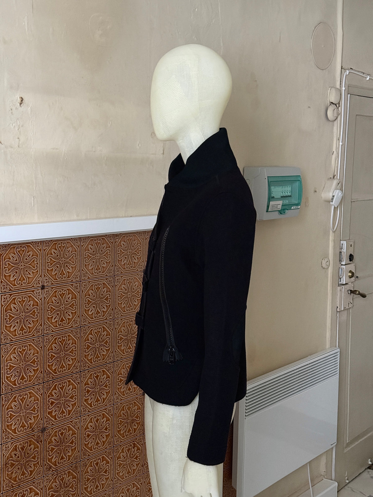 Vintage Cropped Cop Copine Black Fleece Velcro Jacket - S