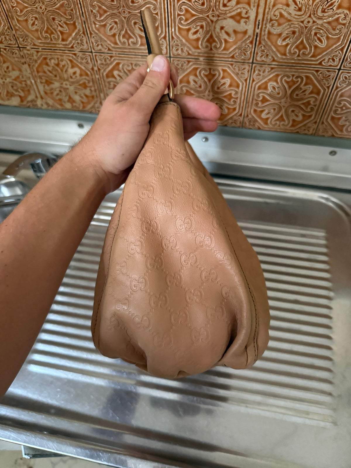 Gucci Guccissima Large Abbey D-Ring Tan Shoulder Bag