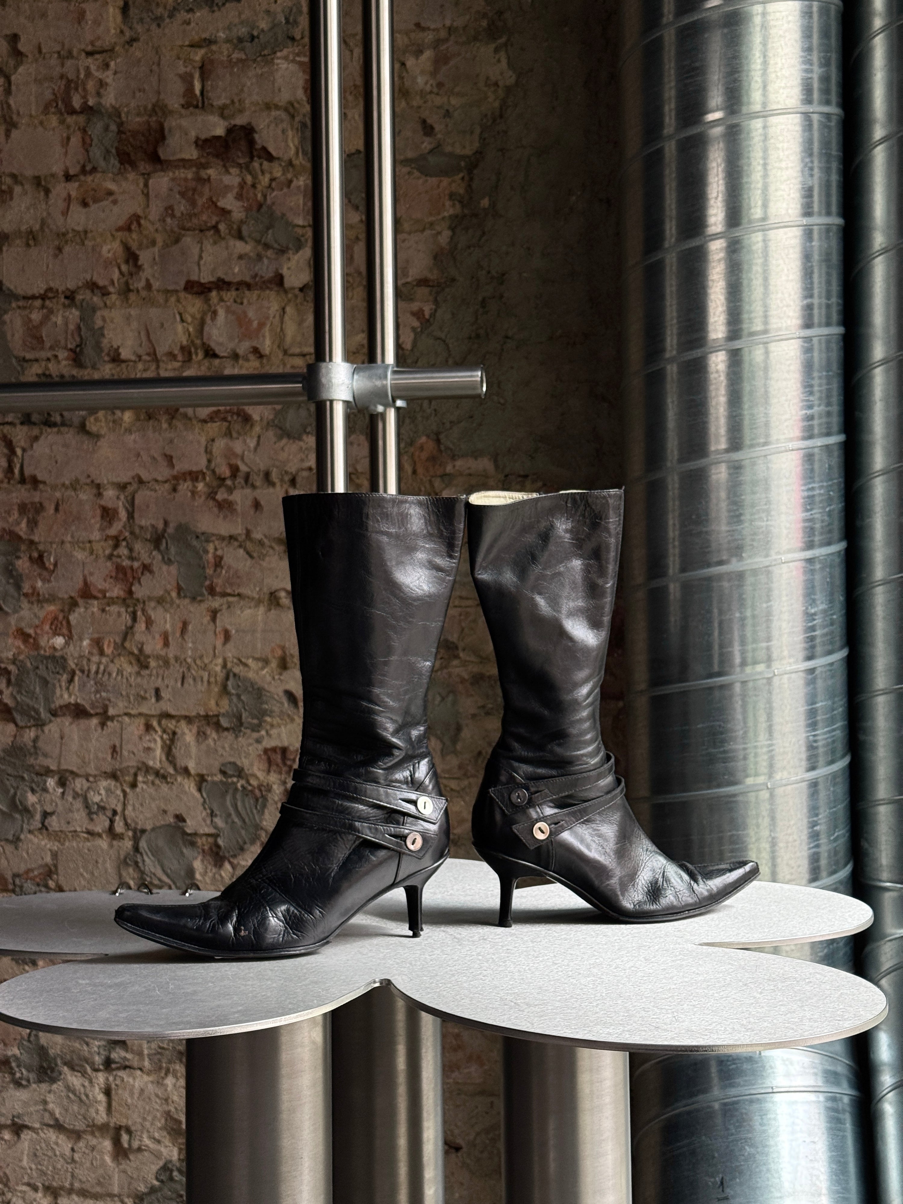 Vintage Italian Leather Stiletto Boots Black - EU 36