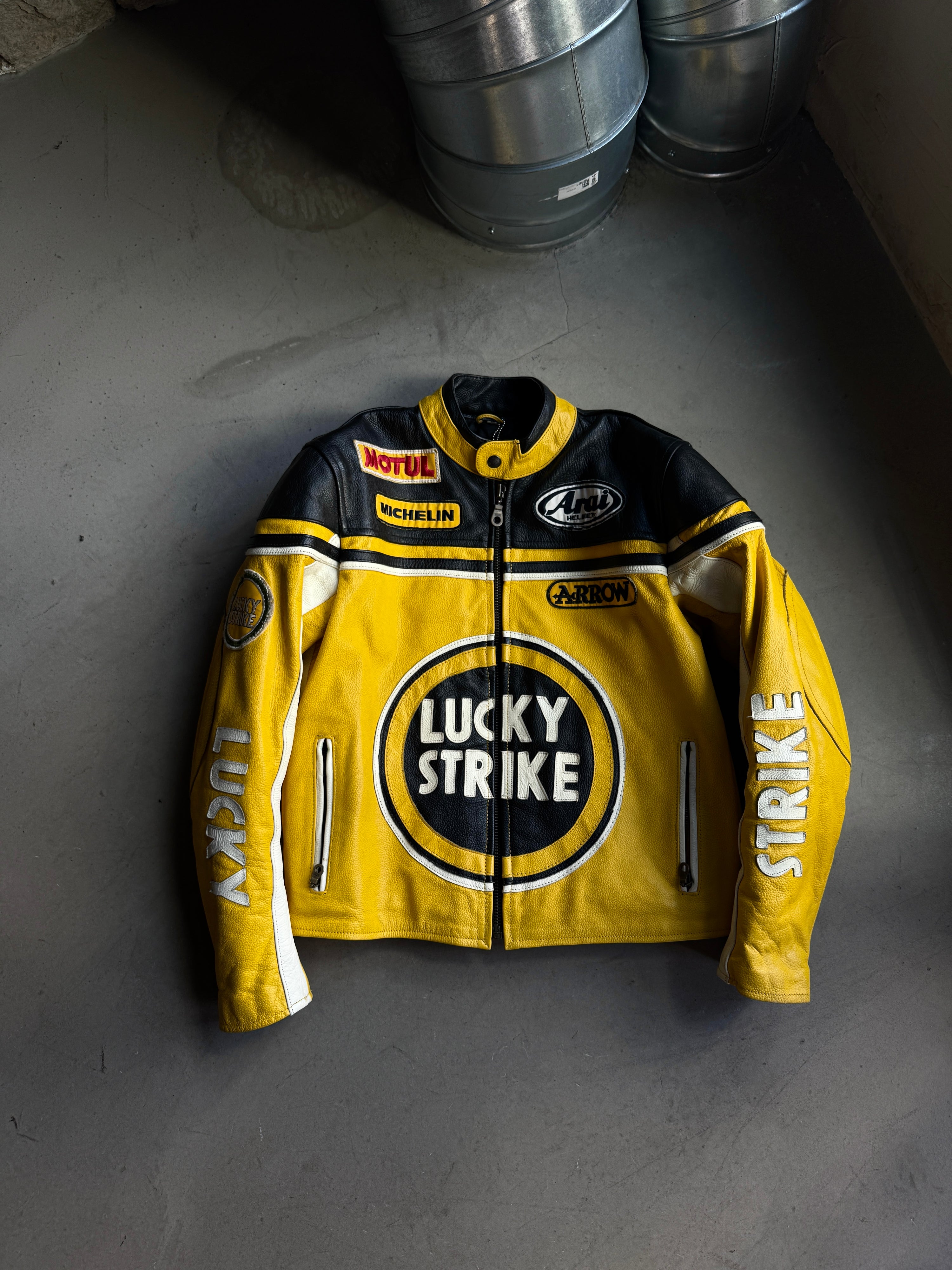 Vintage Lucky Strike Motorcycle Racing Leather Jacket Yellow - S