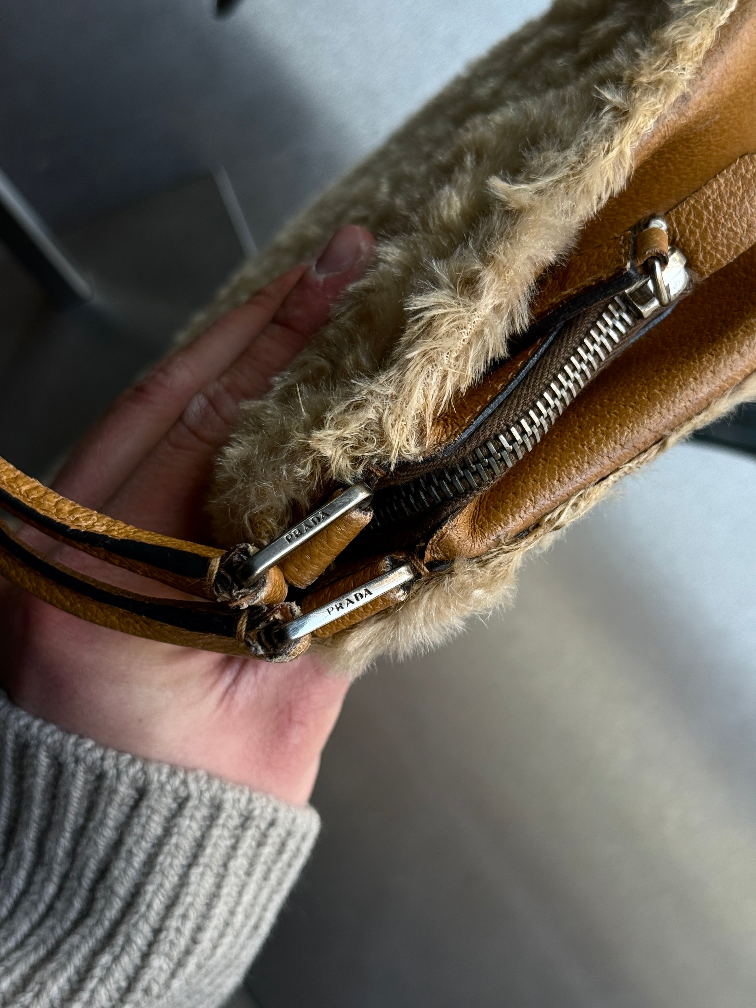 Vintage 2000s Prada Faux Fur Shearling Leather Shoulder Bag Beige