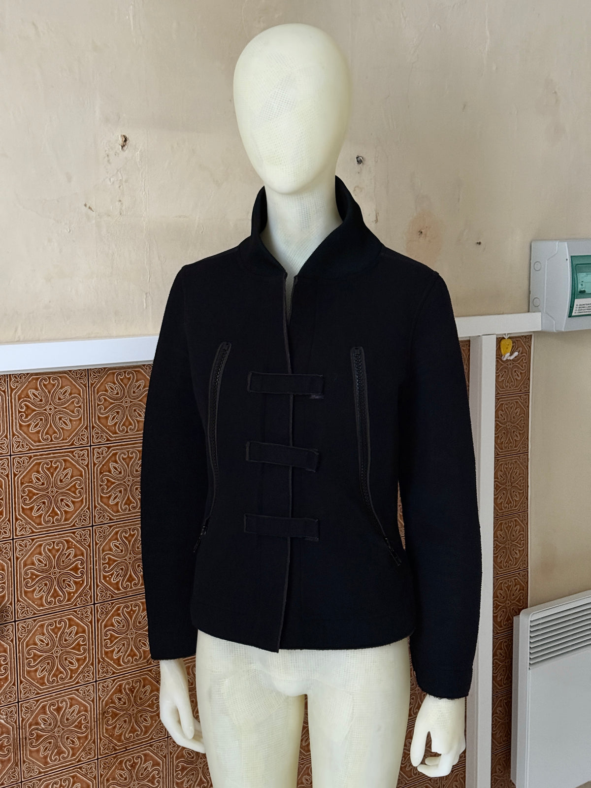 Vintage Cropped Cop Copine Black Fleece Velcro Jacket - S