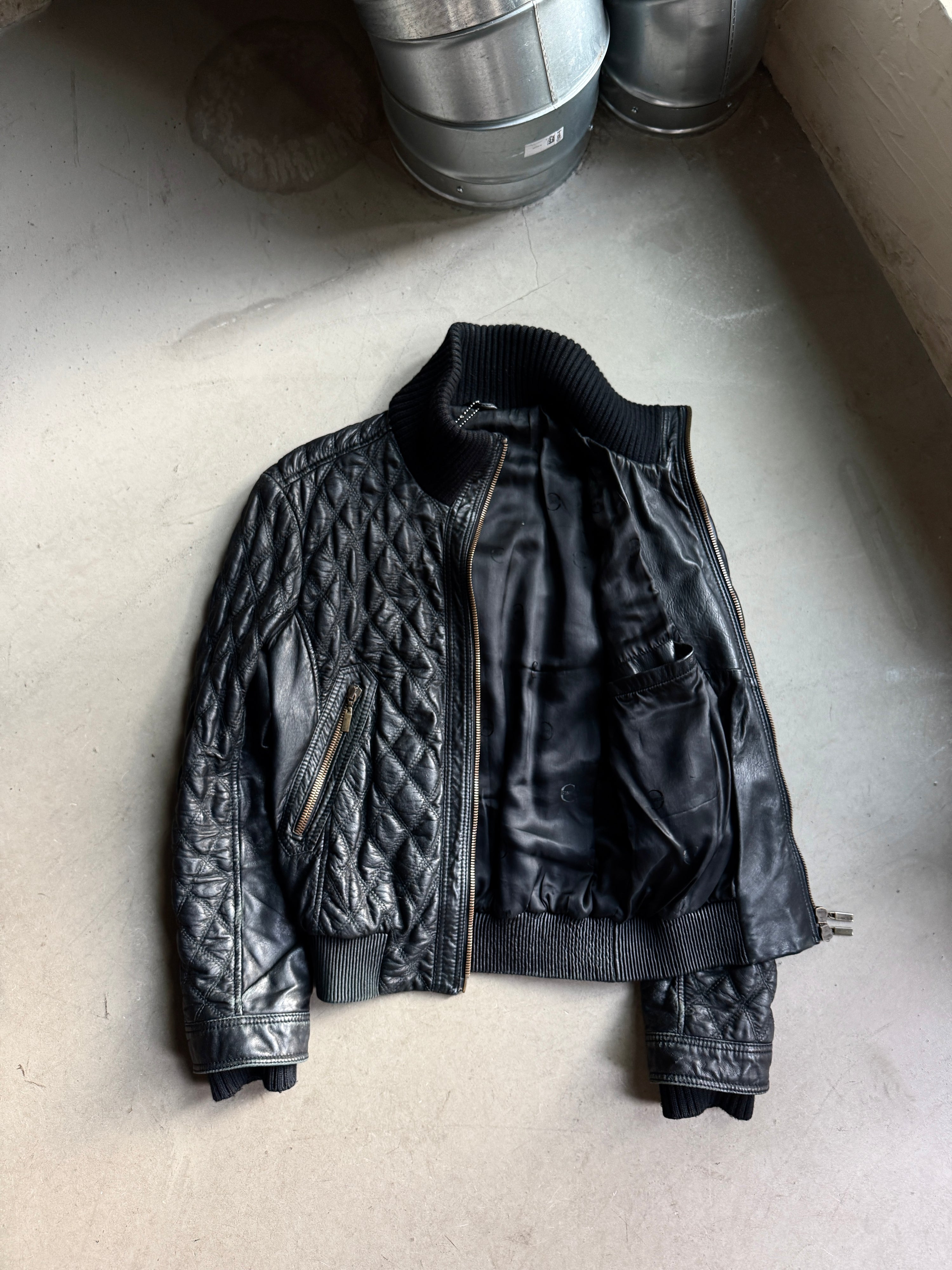 Vintage AW2004 Just Cavalli Cinched Diamond Quilted Leather Jacket Black - M